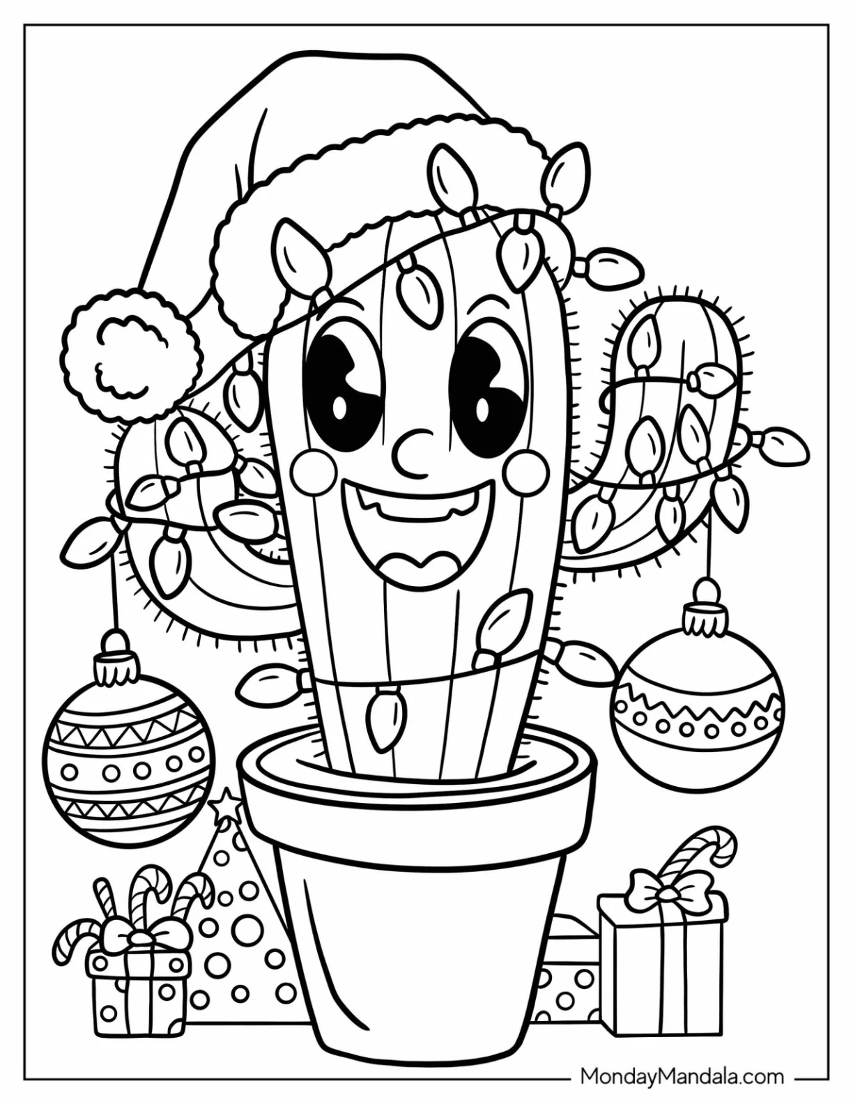 Cartoon Cactus Wrapped in Christmas Lights Coloring Page with Baubles and Santa Hat for Kids coloring page