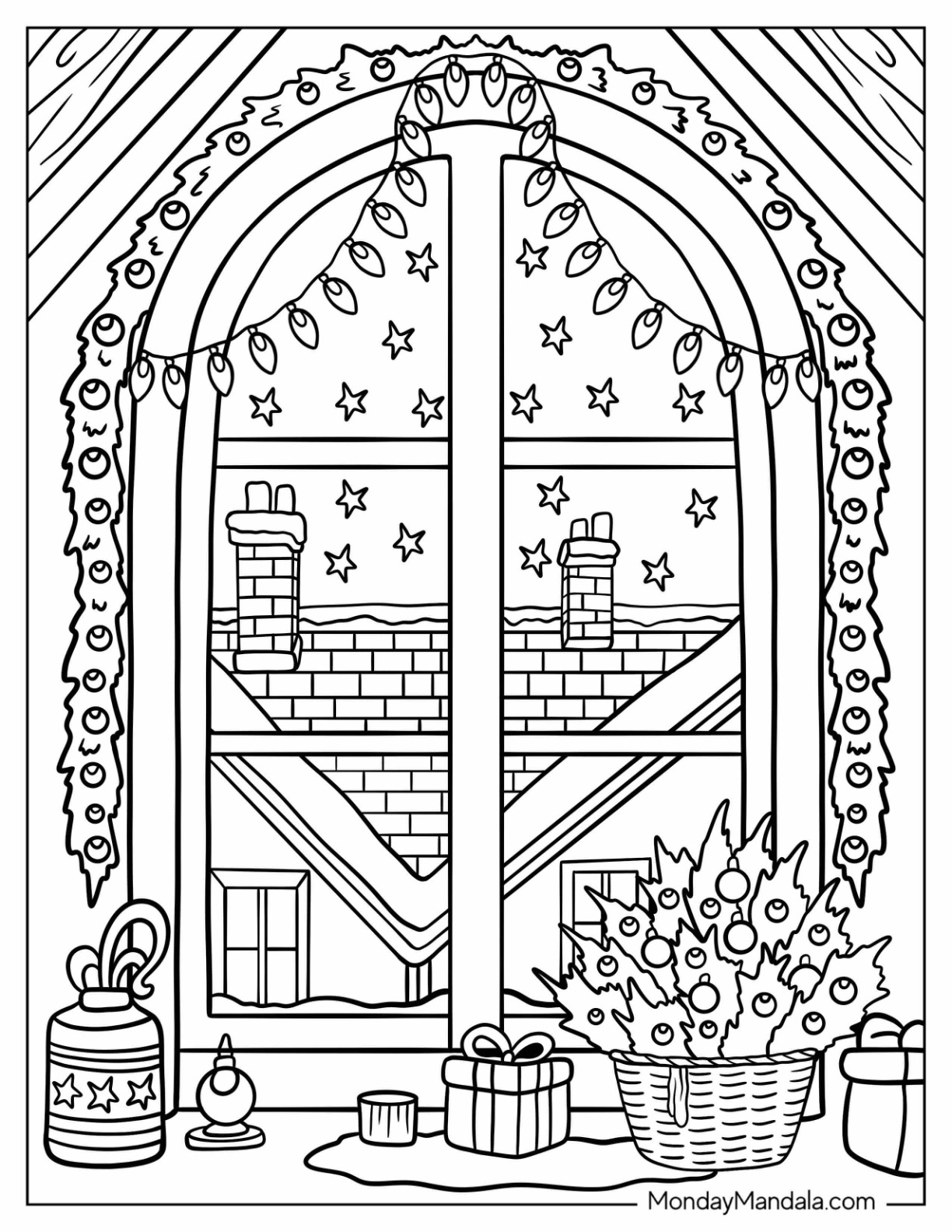 Christmas Lights Coloring Page Framing A Window with Decor and Starry View coloring page