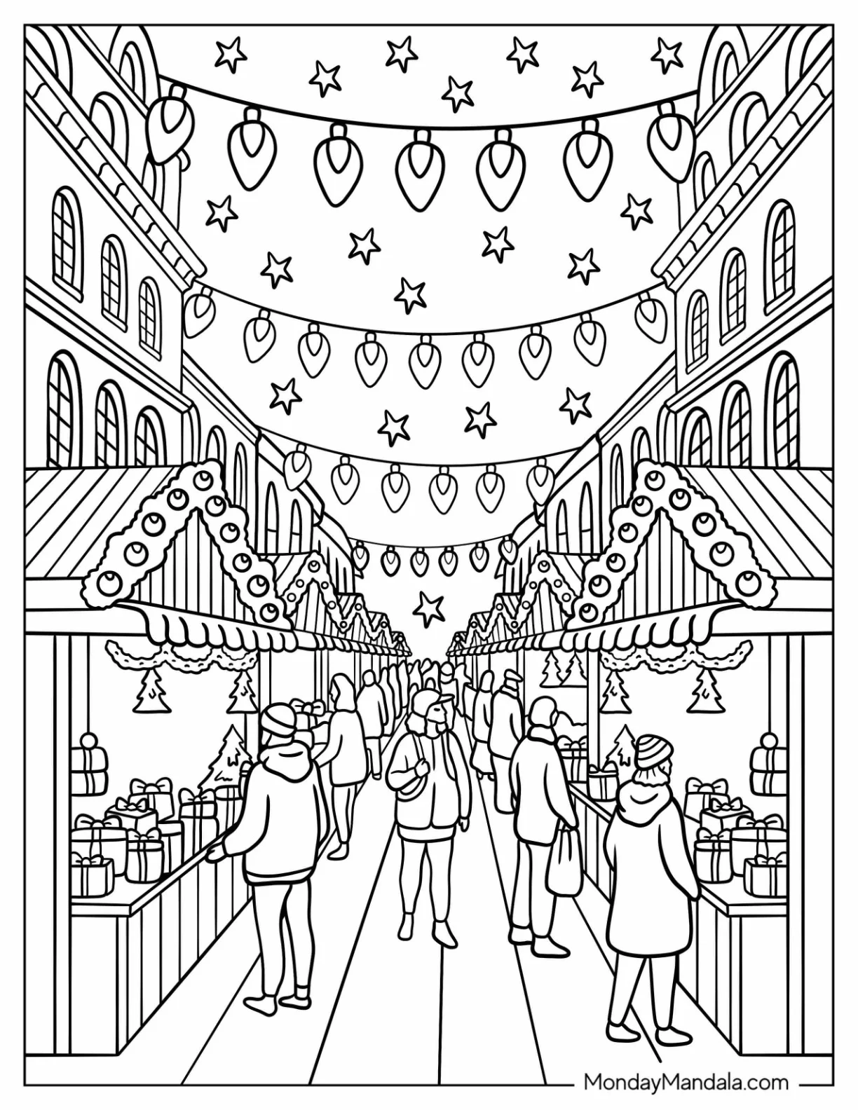 Christmas Lights Coloring Page Hanging Over Night Market coloring page — printable line art