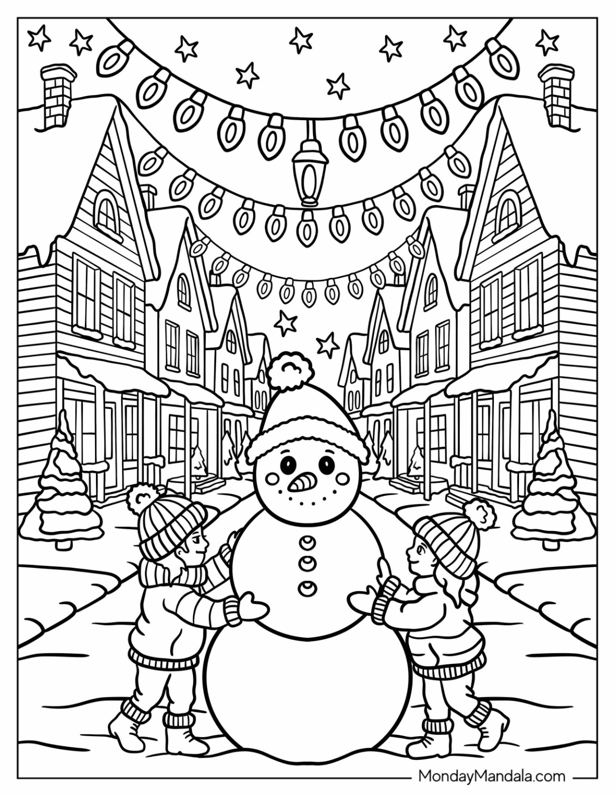 Christmas Lights Coloring Page Hanging Over Winter Town While Girls Make a Snowman coloring page — printable line art