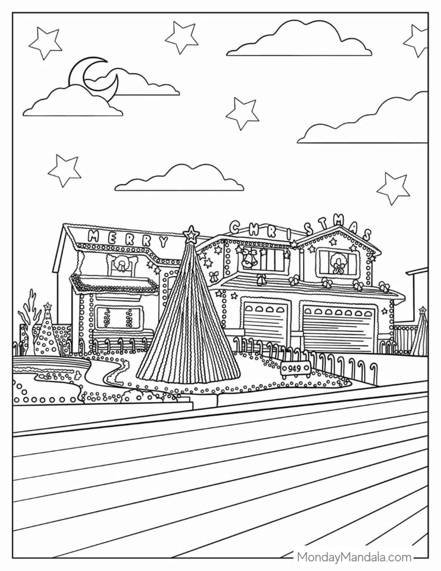 Christmas Lights On House To Color coloring page