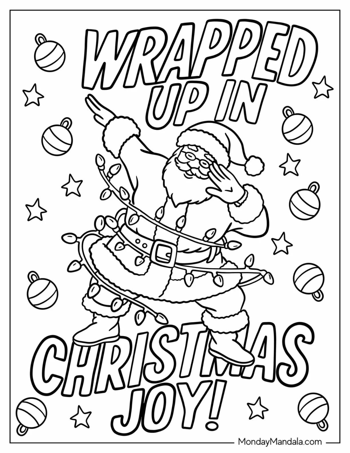 Dancing Santa Claus Wrapped in Christmas Lights Coloring Page coloring page — printable line art