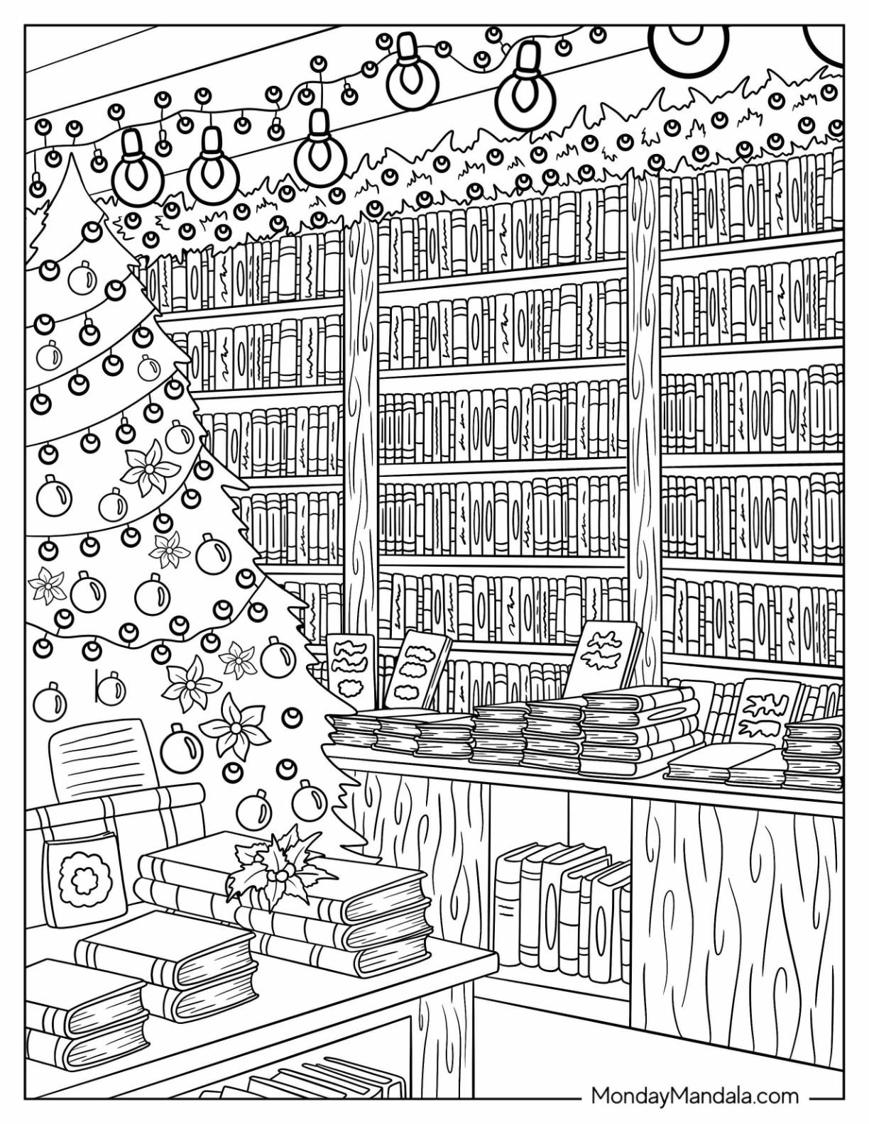 Detailed Library With Large Christmas Tree Covered in Christmas Lights Coloring Page coloring page — printable line art