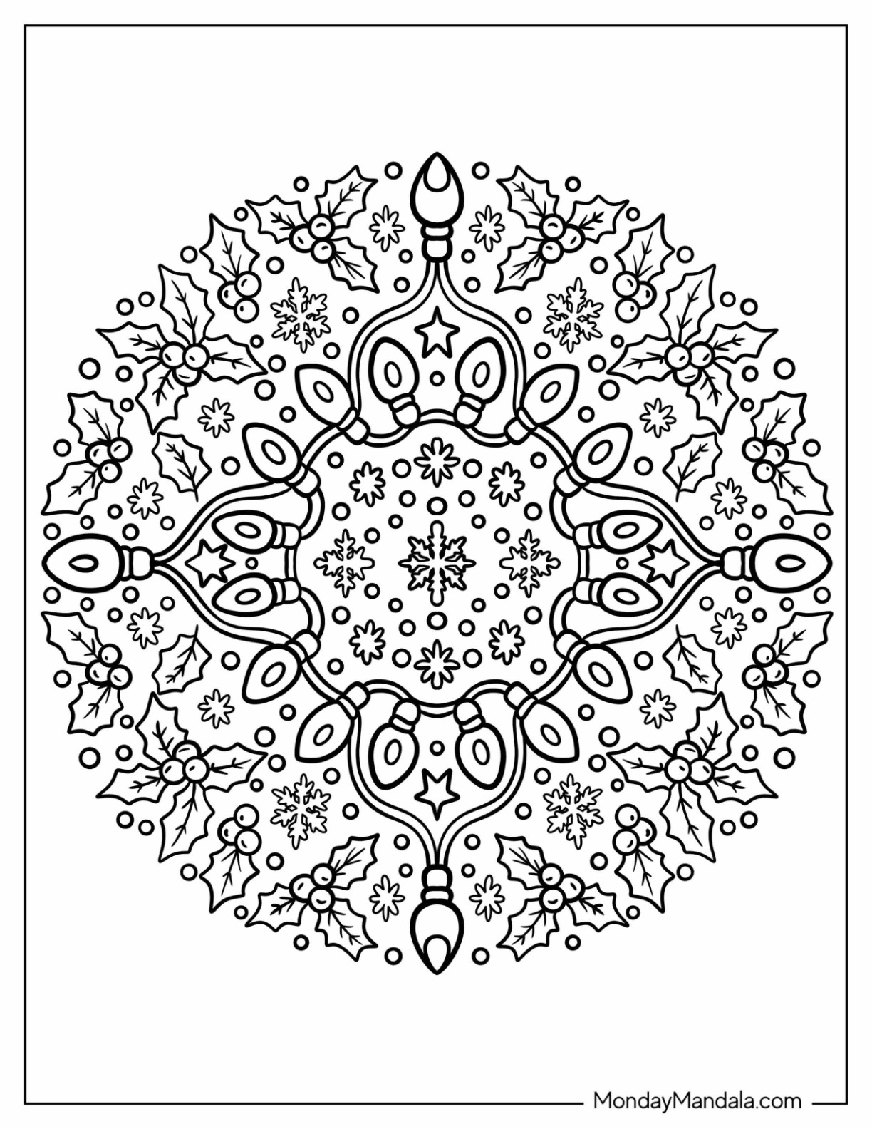 Elegant Christmas Lights Coloring Page Mandala with Hollies coloring page