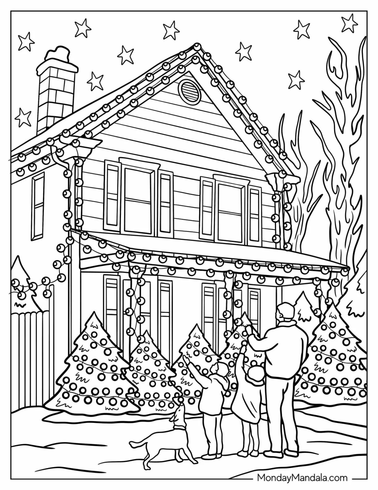 Family Cheers While Gazing at House Covered in Christmas Lights Coloring Page coloring page — printable line art