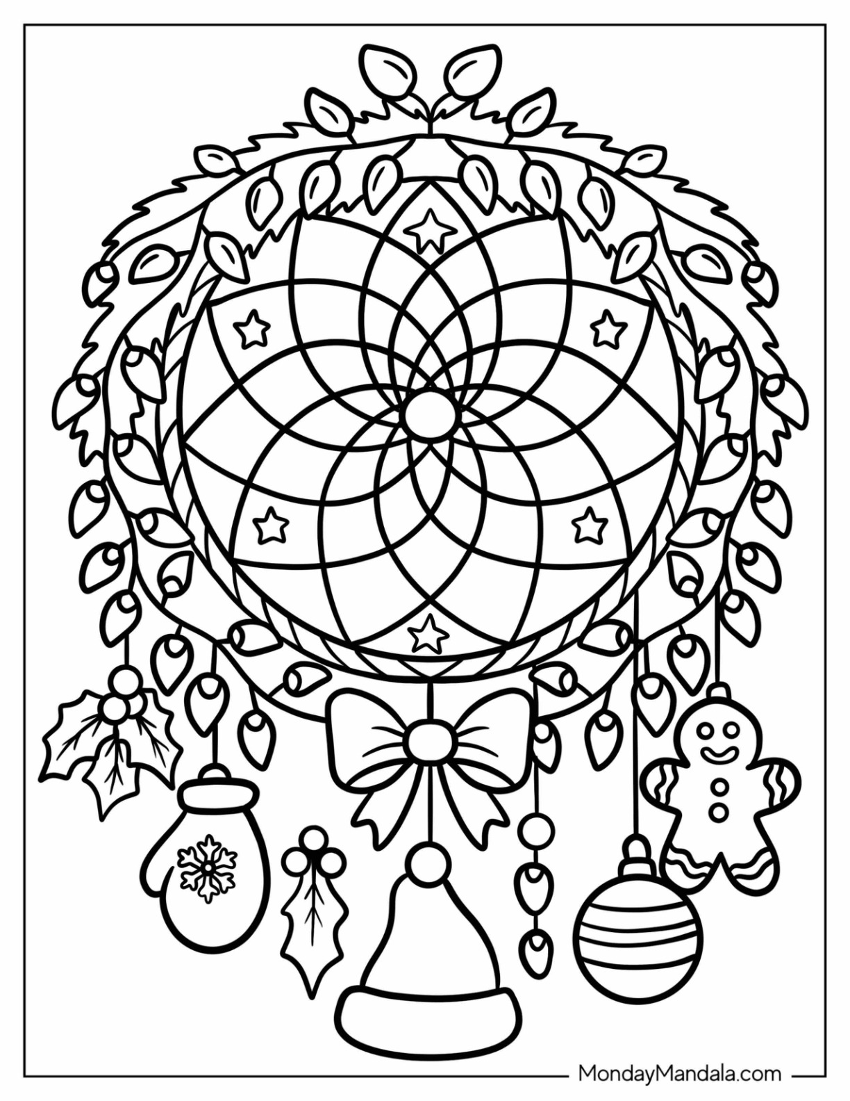 Festive Christmas Lights Coloring Page Mandala with Hollies, Baubles, Santa Hat, and Gingerbread Man coloring page — printable line art