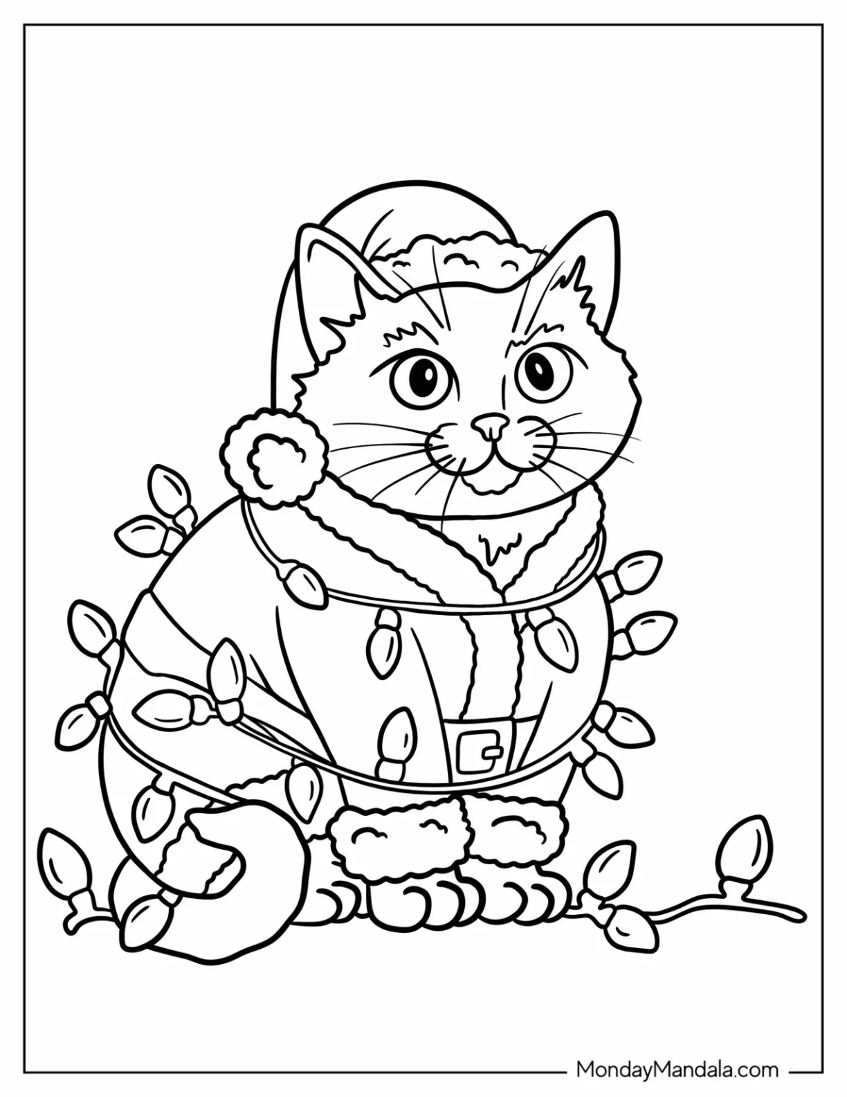 Furry Cat with Santa Hat Wrapped in Christmas Lights Coloring Page for Kids coloring page — printable line art