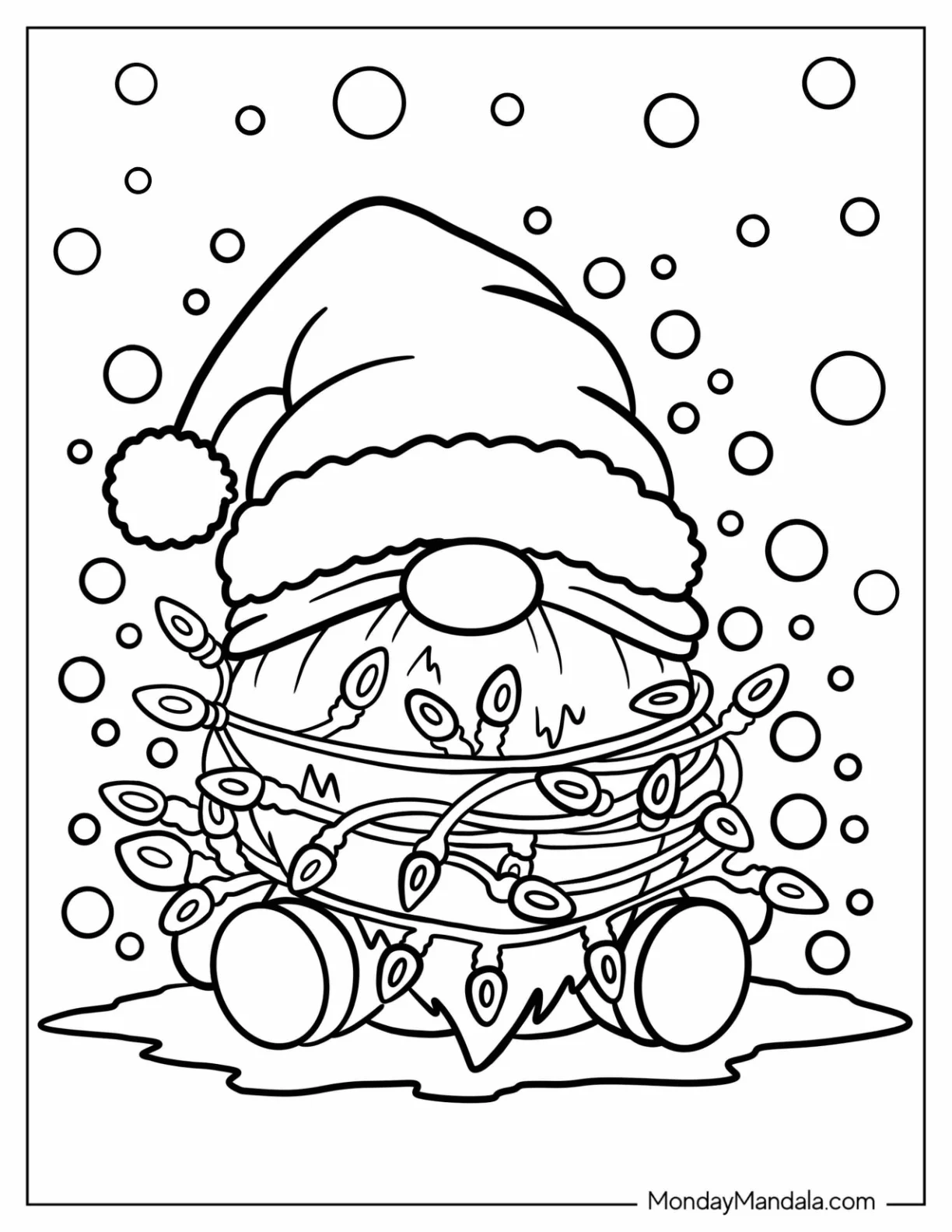 Gnome with Santa Hat Wrapped in Christmas Lights Coloring Page in Winter for Kids coloring page