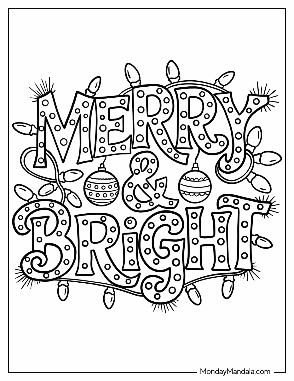 Merry & Bright Text Tangled with Christmas Lights Coloring Page coloring page — printable line art