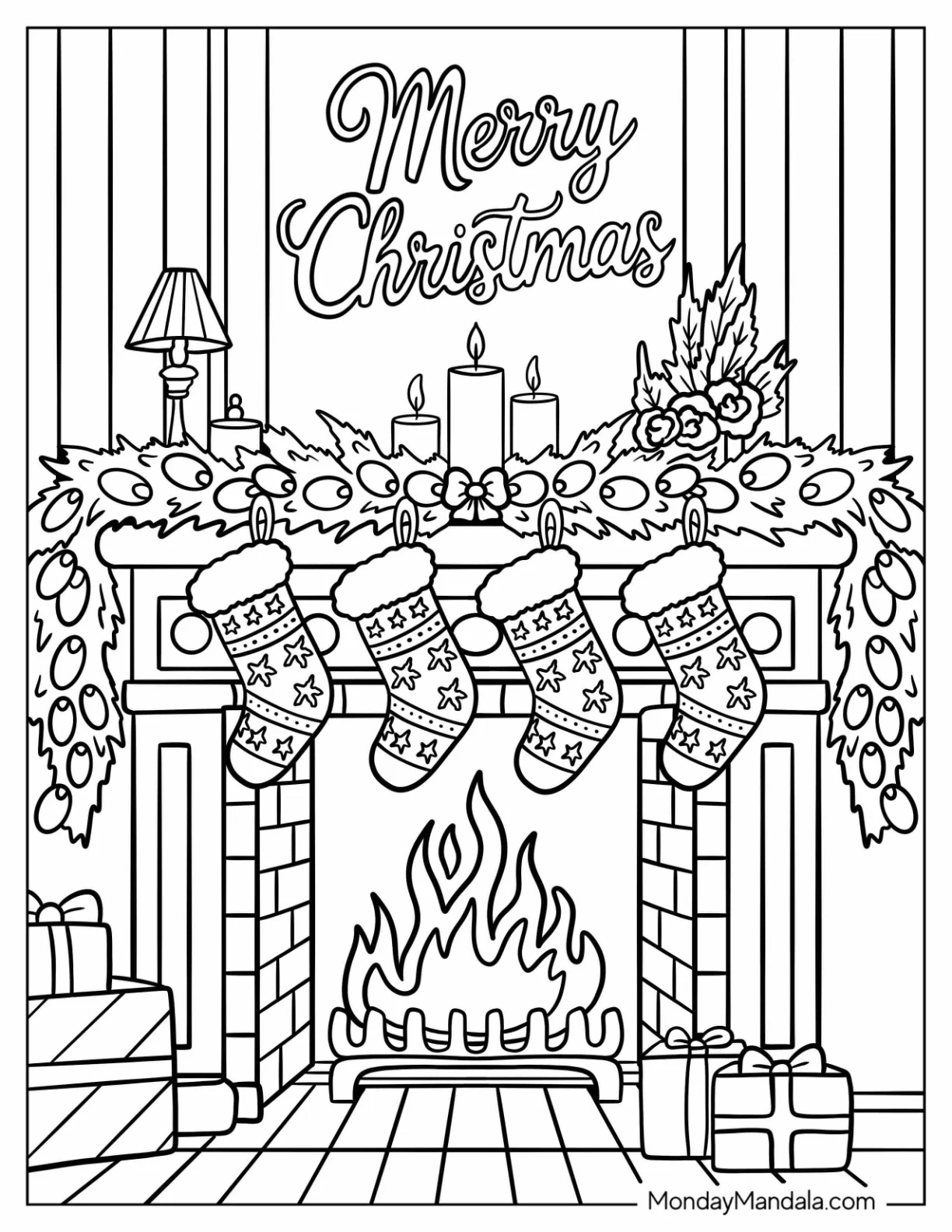 Pretty Christmas Lights Coloring Page on Fireplace with Garland and Stockings coloring page — printable line art