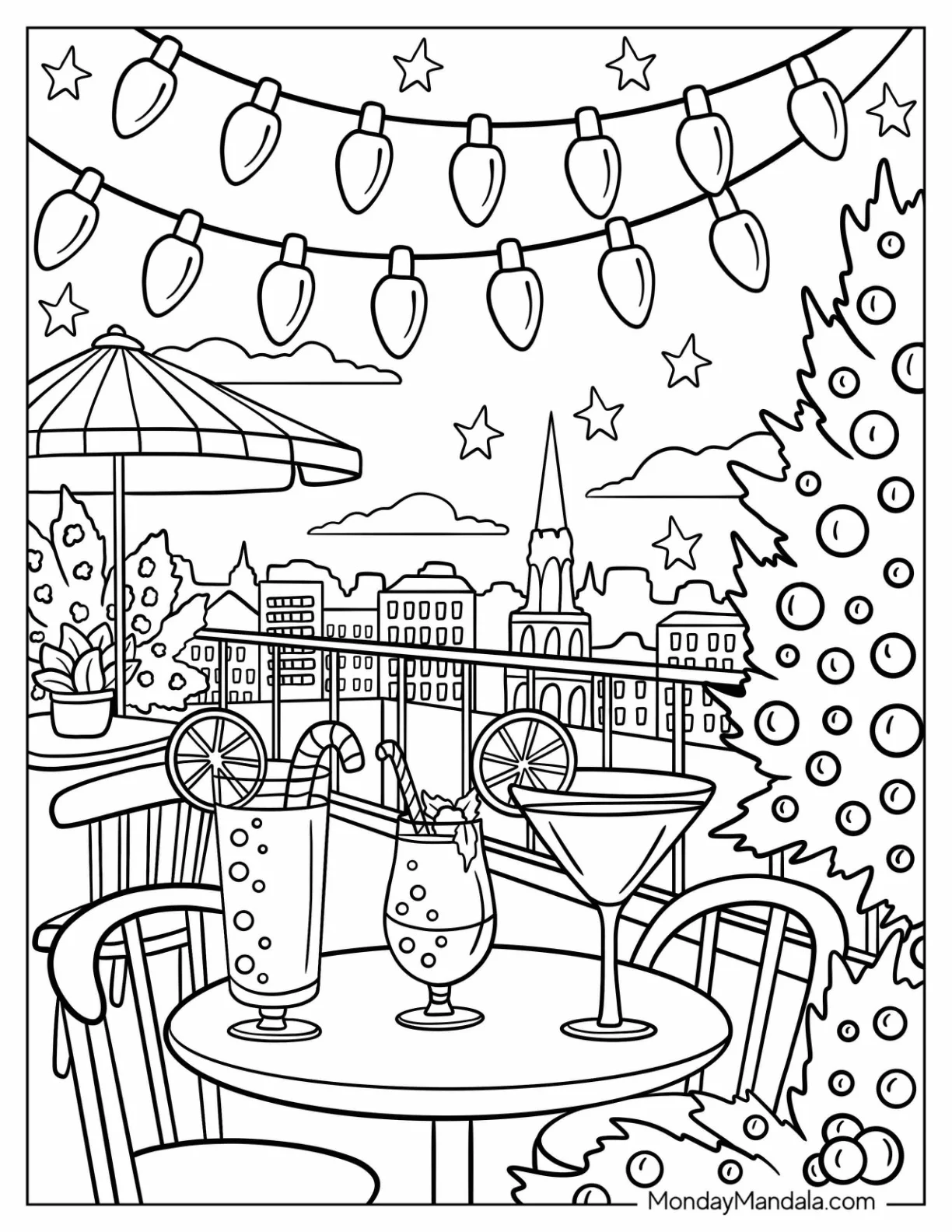 Rooftop Dining with Cocktails and Christmas Lights Coloring Page Overhead coloring page — printable line art