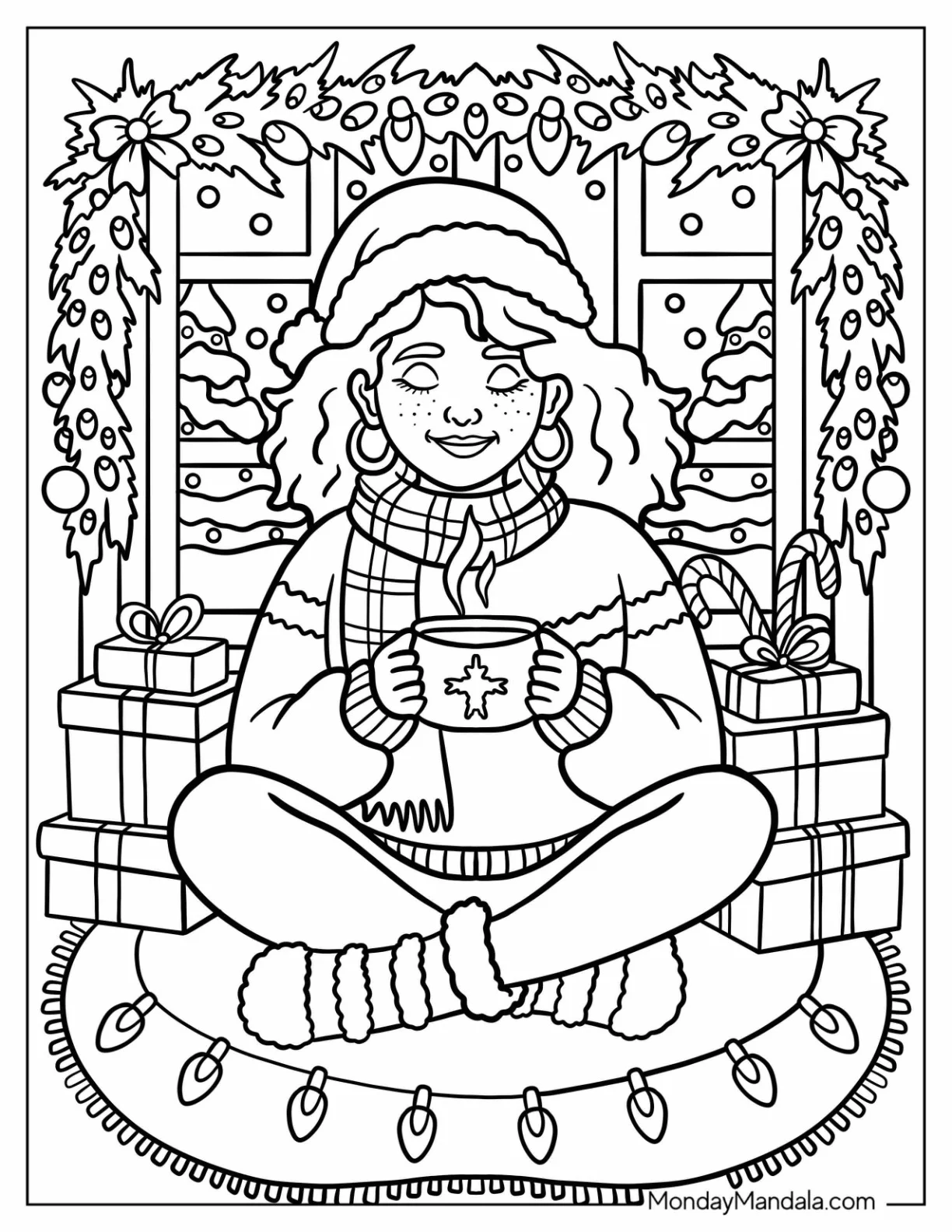Woman Drinking Hot Chocolate in Living Room with Christmas Lights Coloring Page coloring page — printable line art