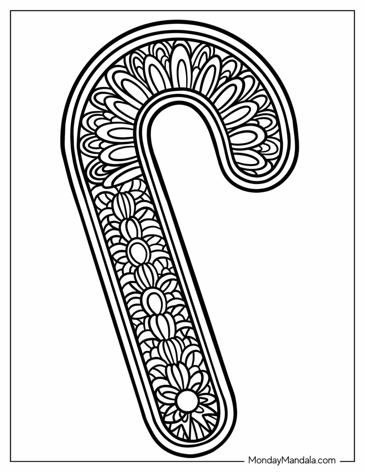 Candy Cane with Petal Patterns Christmas Mandala Coloring Page for Kids coloring page — printable line art
