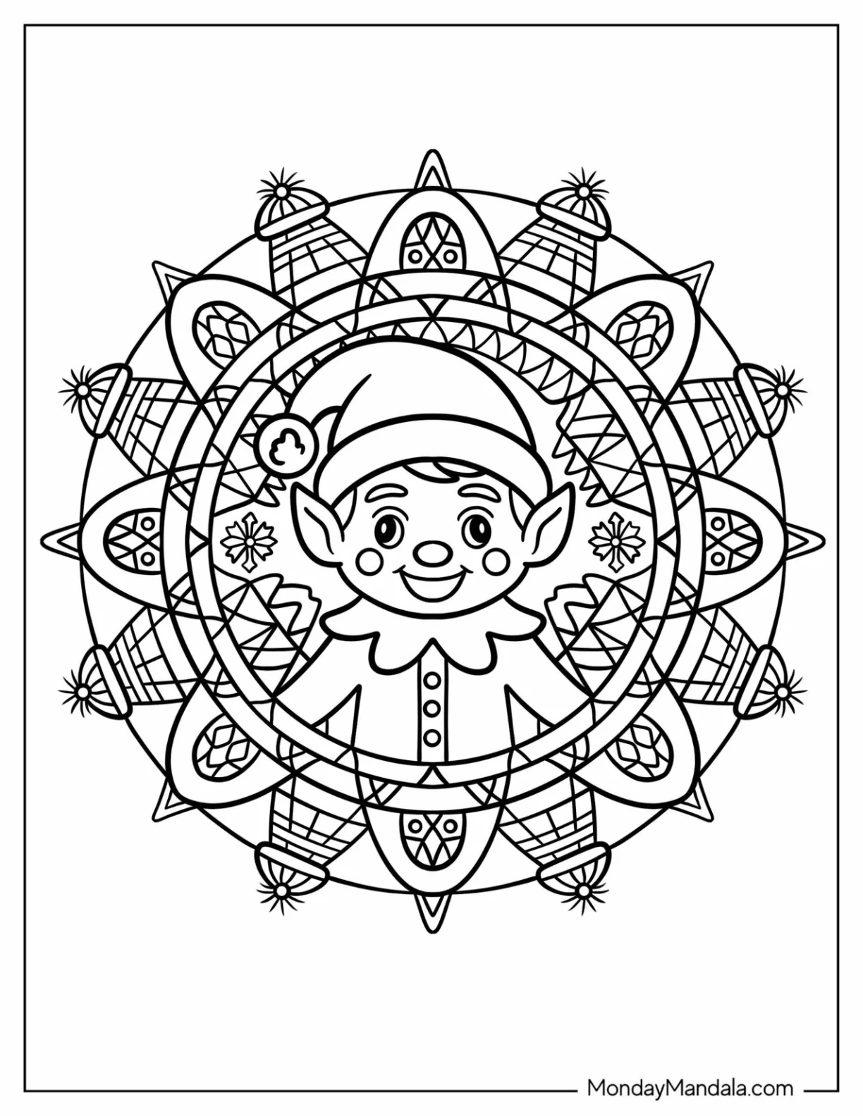 Cheerful Elf Inside Christmas Mandala Coloring Page for Kids coloring page — printable line art