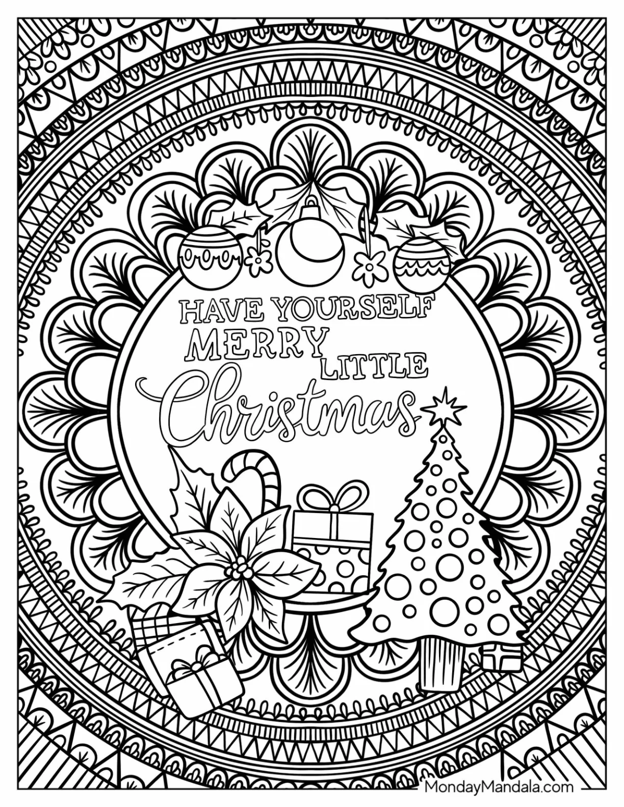 Christmas Mandala Coloring Page Of Have A Merry Little Christmas Mandala With Trees, Presents, And Poinsettias coloring page