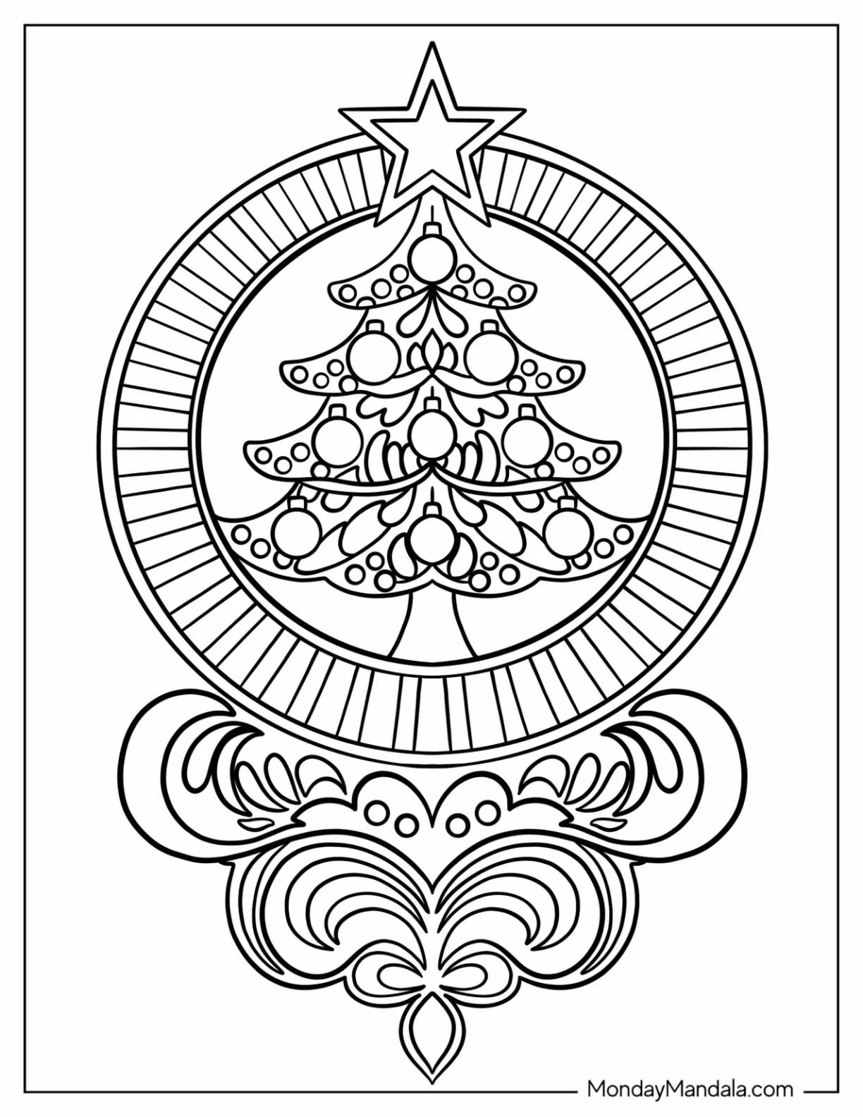 Christmas Mandala Coloring Page Of Kawaii Christmas Tree With Large Star Mandala For Kids coloring page
