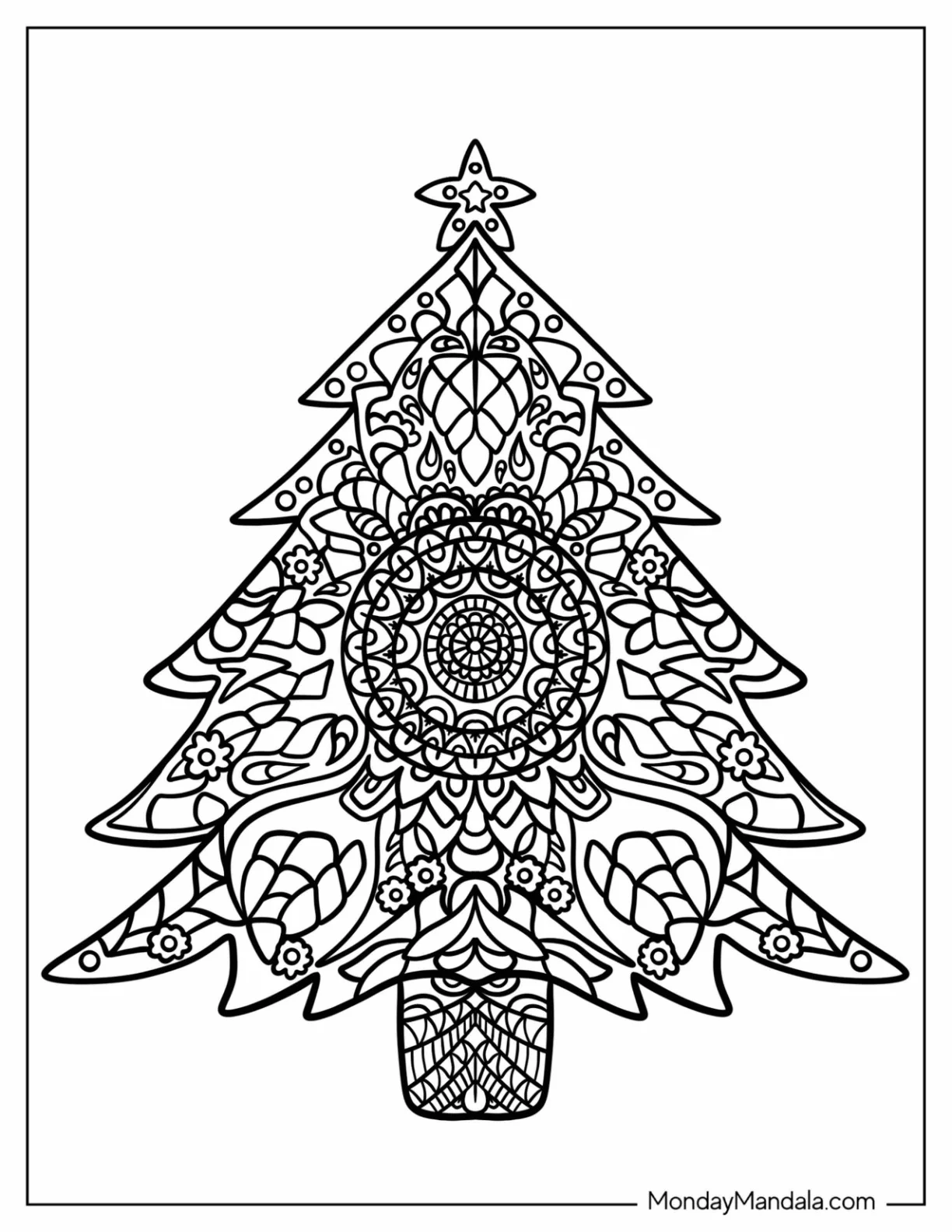 Christmas Mandala Coloring Page Of Tree For Kids coloring page — printable line art