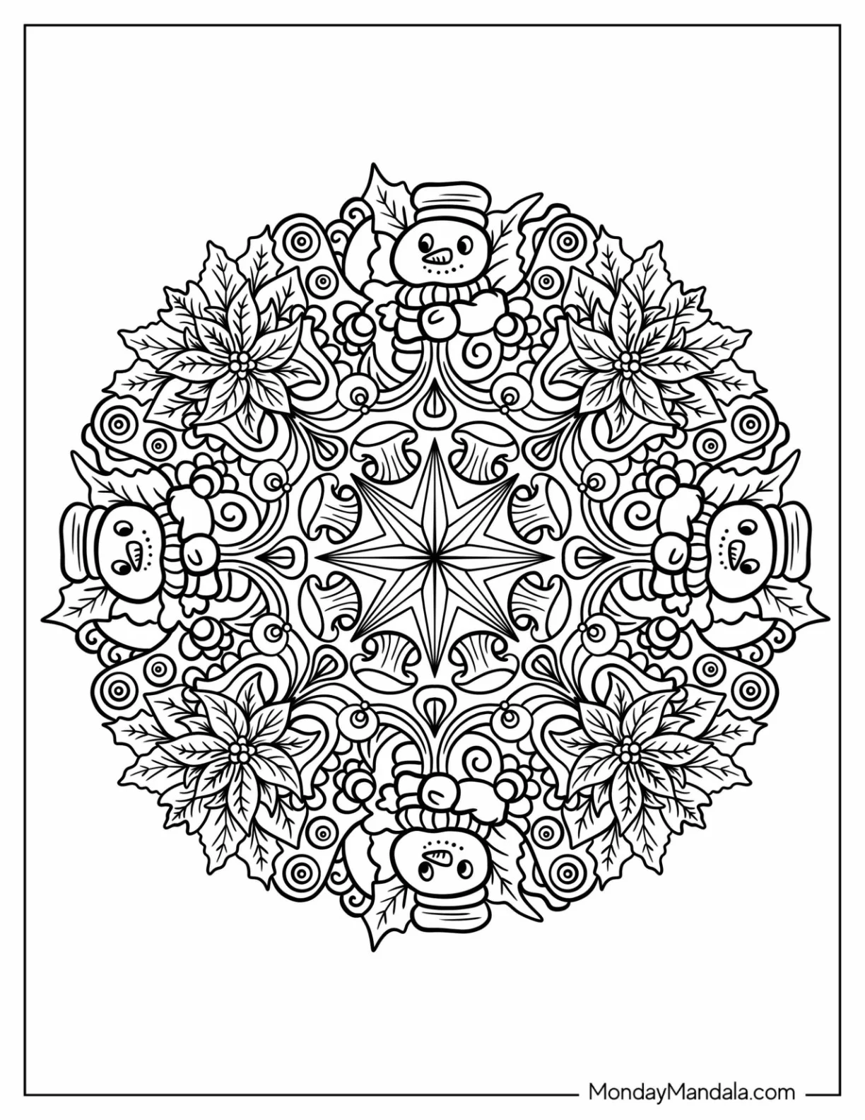 Christmas Mandala Coloring Page With Poinsettia coloring page — printable line art