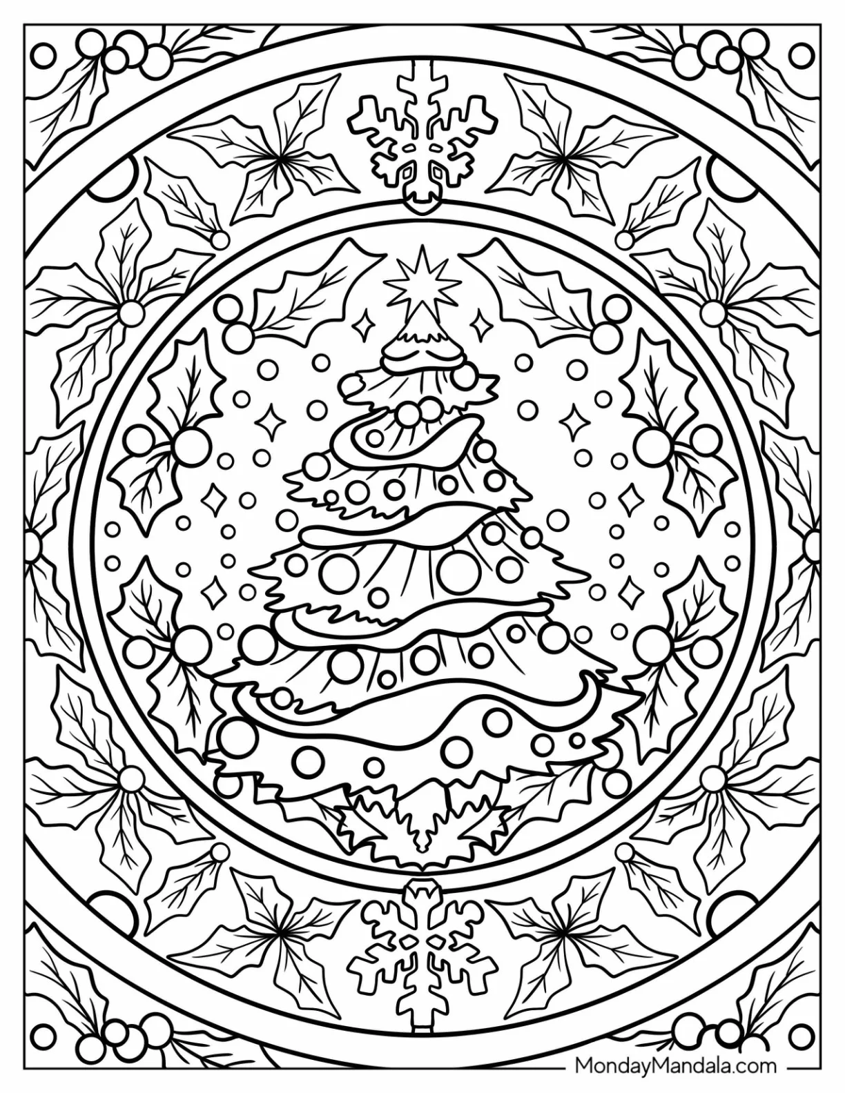 Christmas Tree Surrounded By Snow And Mistletoe Christmas Mandala Coloring Page coloring page
