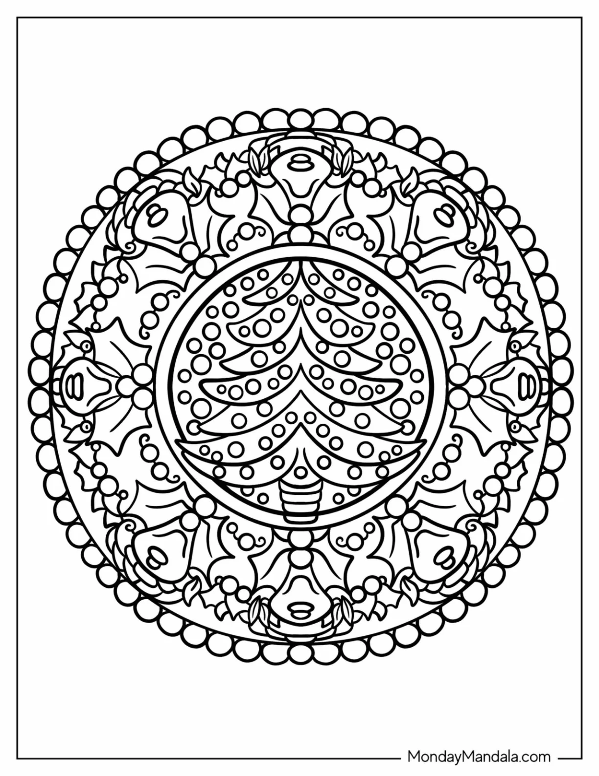 Christmas Tree With Bells Christmas Mandala Coloring Page coloring page — printable line art