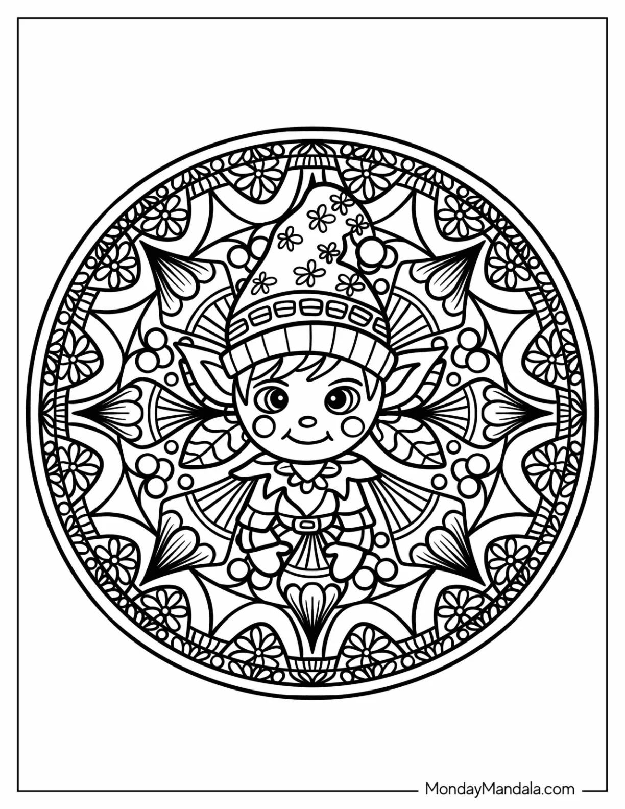 Cute Elf Sitting Inside A Christmas Mandala Coloring Page coloring page — printable line art