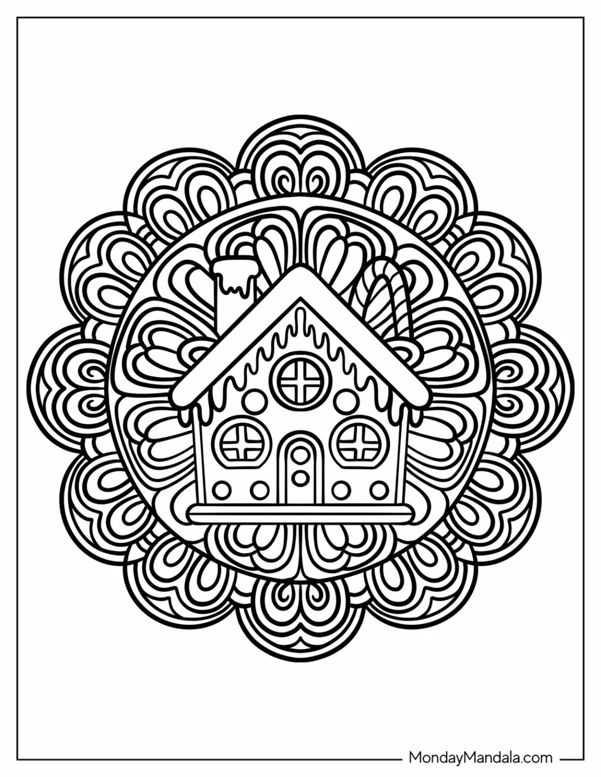 Easy Gingerbread House Inside Flower Christmas Mandala Coloring Page coloring page — printable line art