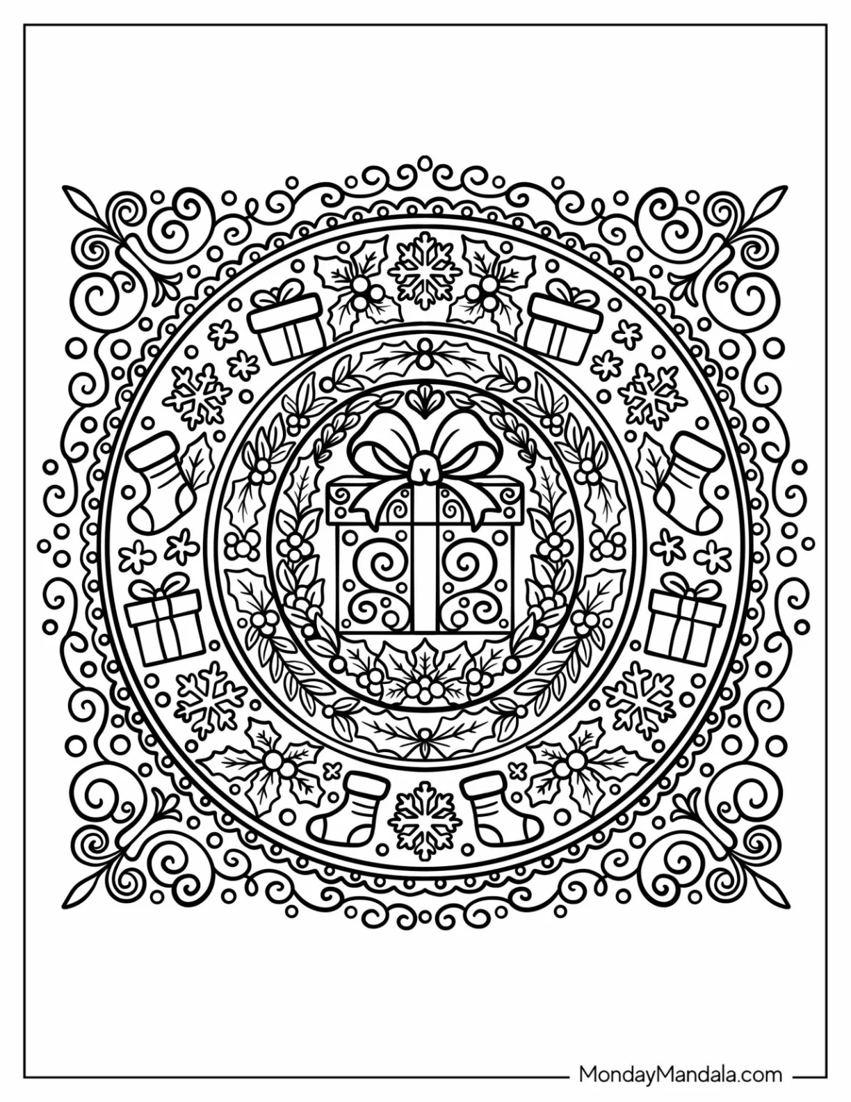Elaborate Christmas Mandala with Presents, Hollies, and Stockings Coloring Page coloring page