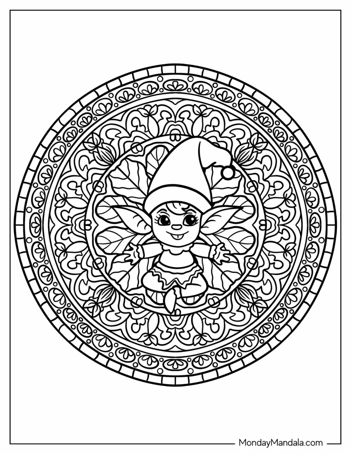 Elf Inside A Festive Christmas Mandala Coloring Page coloring page — printable line art