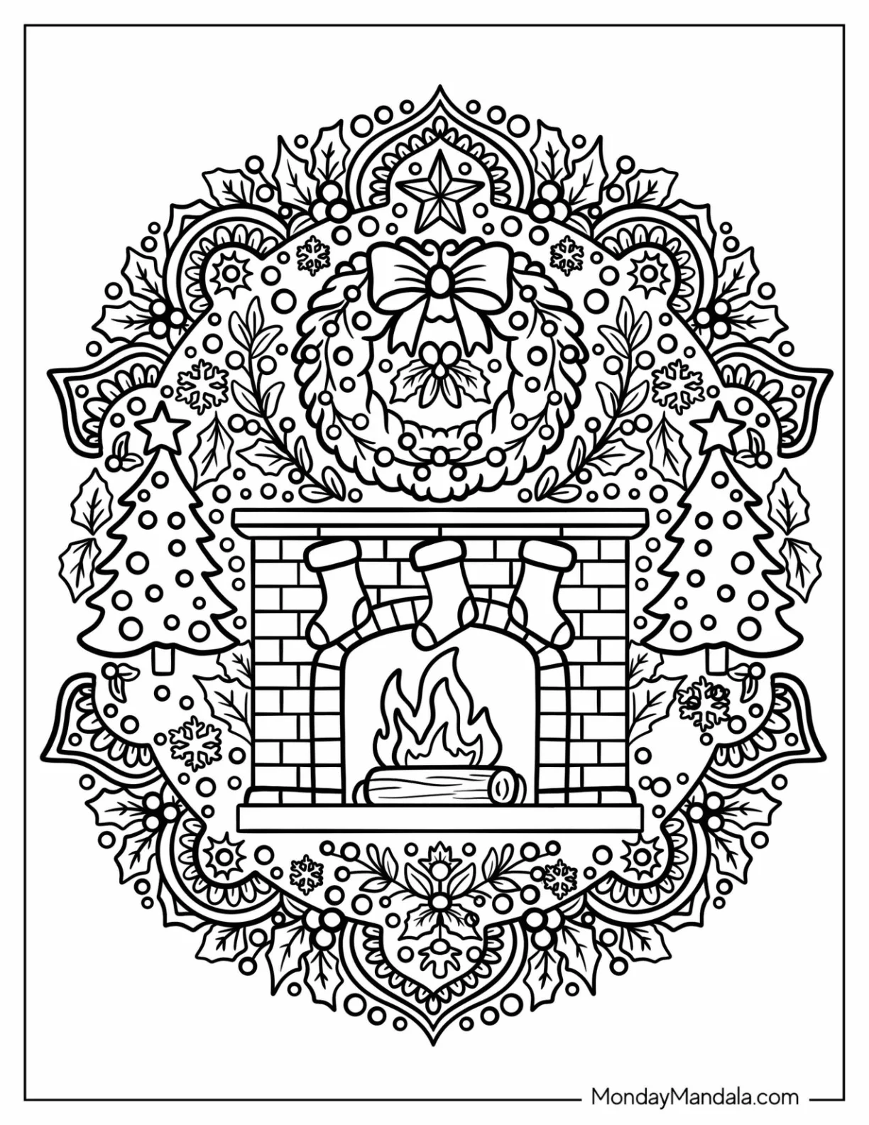 Fireplace with Wreath, Trees, and Stars Christmas Mandala coloring page — printable line art