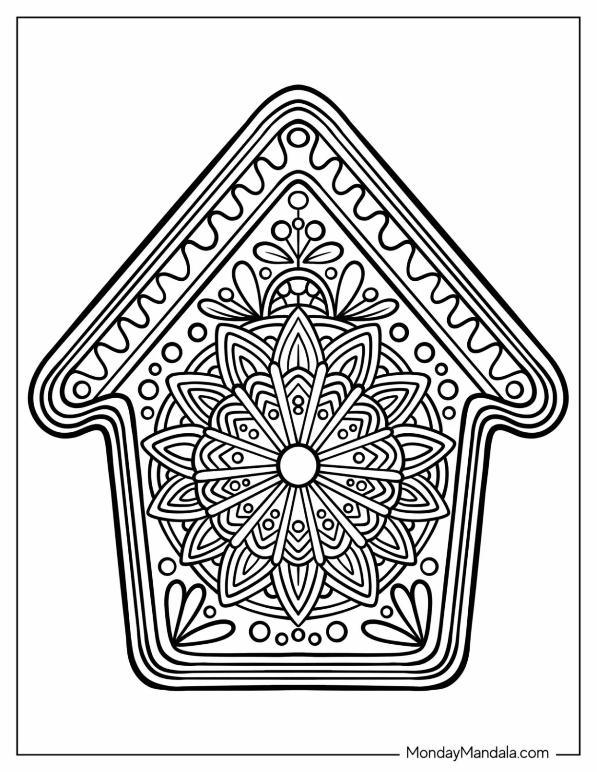 Floral Gingerbread House Christmas Mandala Coloring Page for Kids coloring page