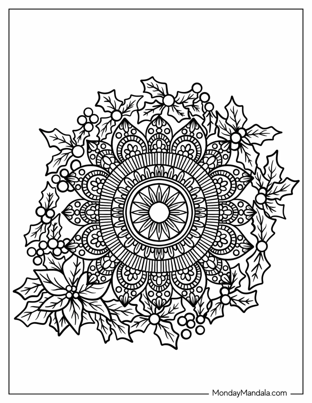 Flower Christmas Mandala Coloring Page Surrounded By Mistletoes coloring page