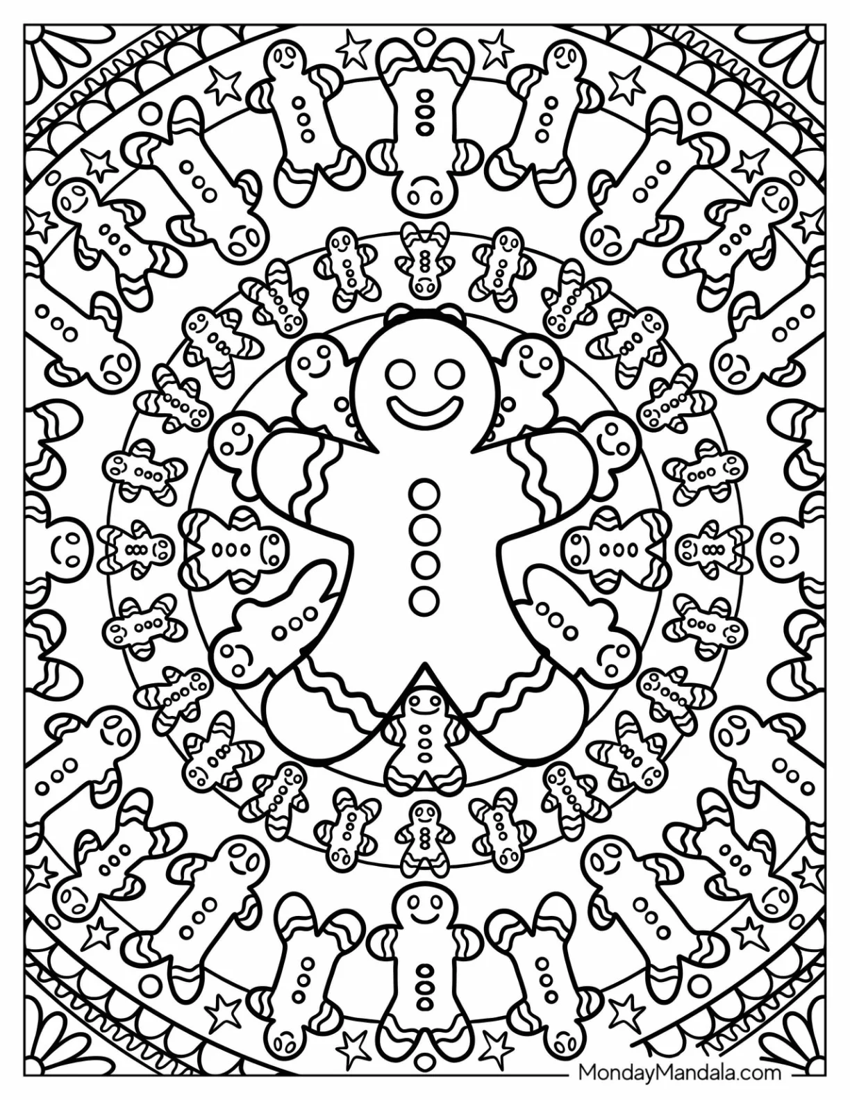 Full Page Gingerbread Christmas Mandala Coloring Page coloring page — printable line art