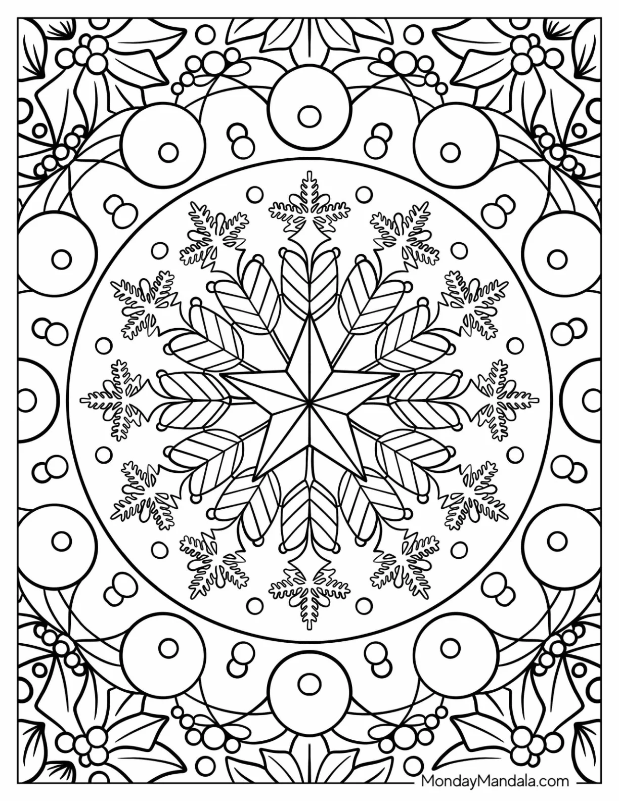 Hollies And Mistletoes Christmas Mandala Coloring Page coloring page — printable line art