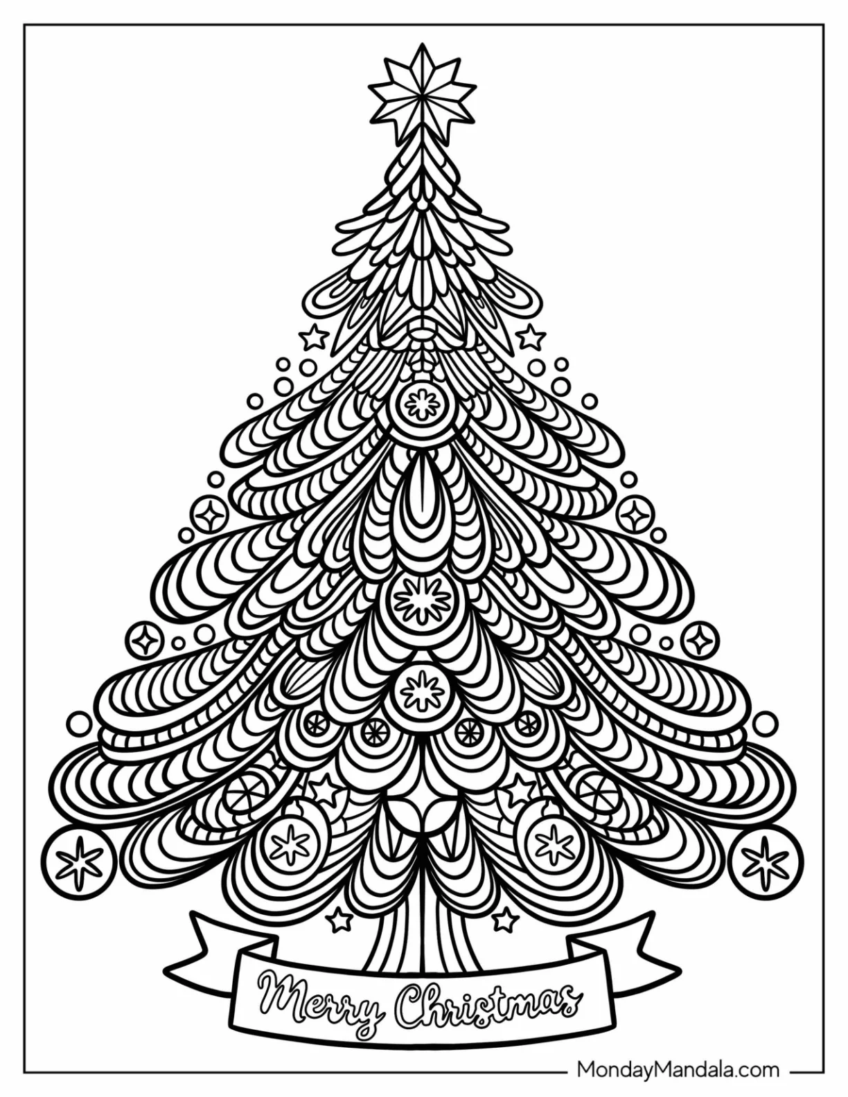 Intricate Christmas Tree Mandala with Banner Coloring Page coloring page — printable line art