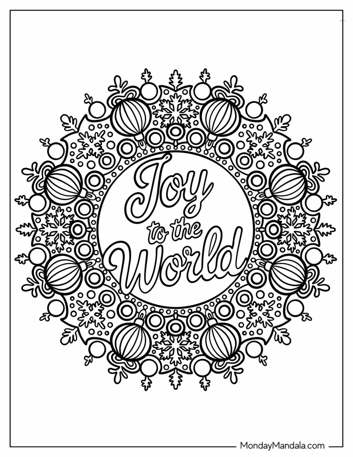 Joy to the World Text Inside Christmas Bauble Mandala with Snowflakes Coloring Page coloring page