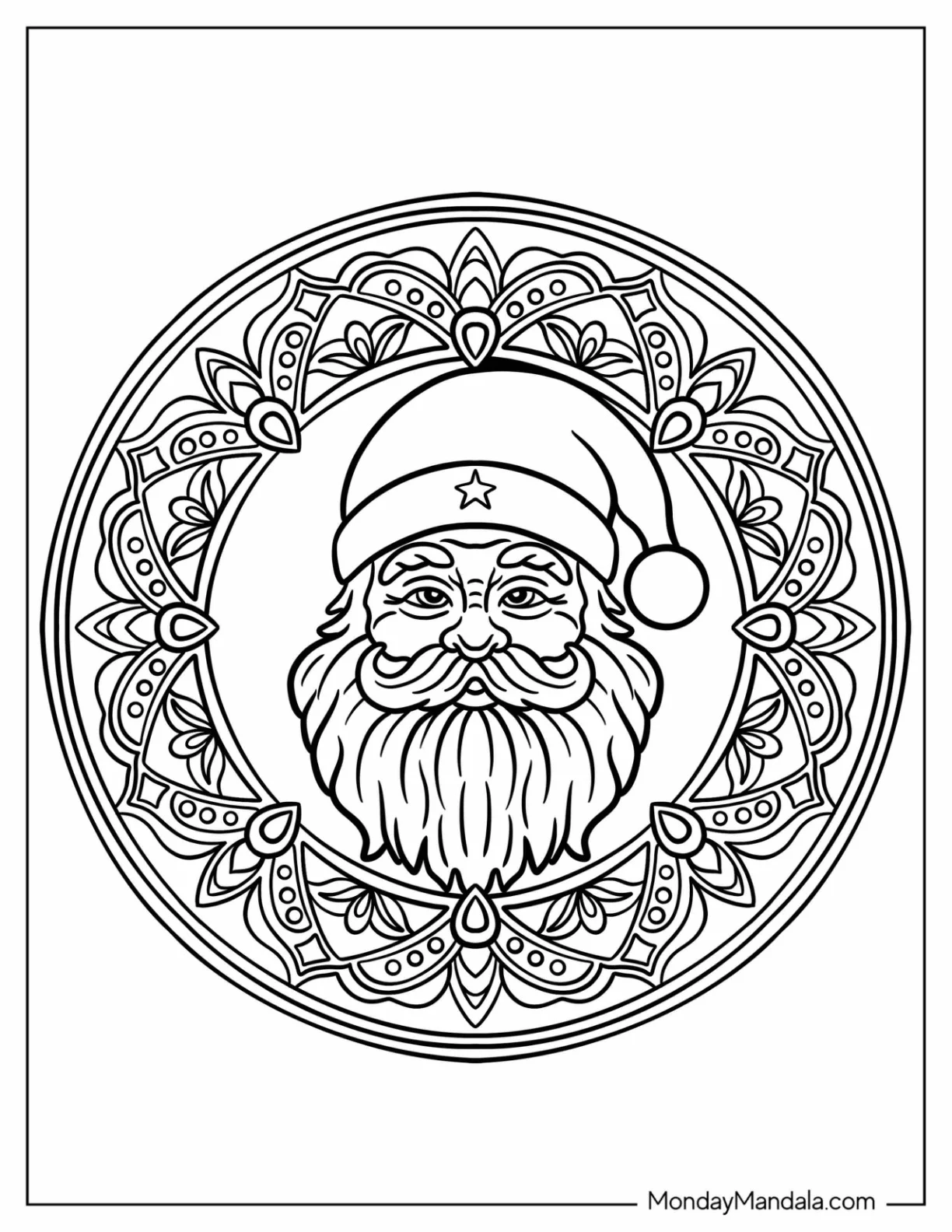 Realistic Santa Inside A Christmas Mandala Coloring Page coloring page — printable line art