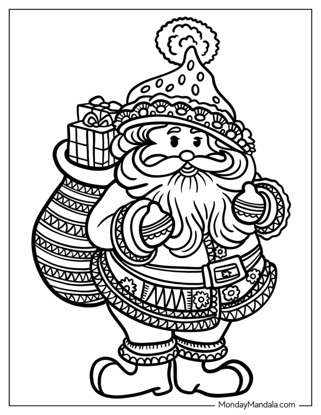 Santa Claus Carrying Presents Christmas Mandala Coloring Page For Kids coloring page