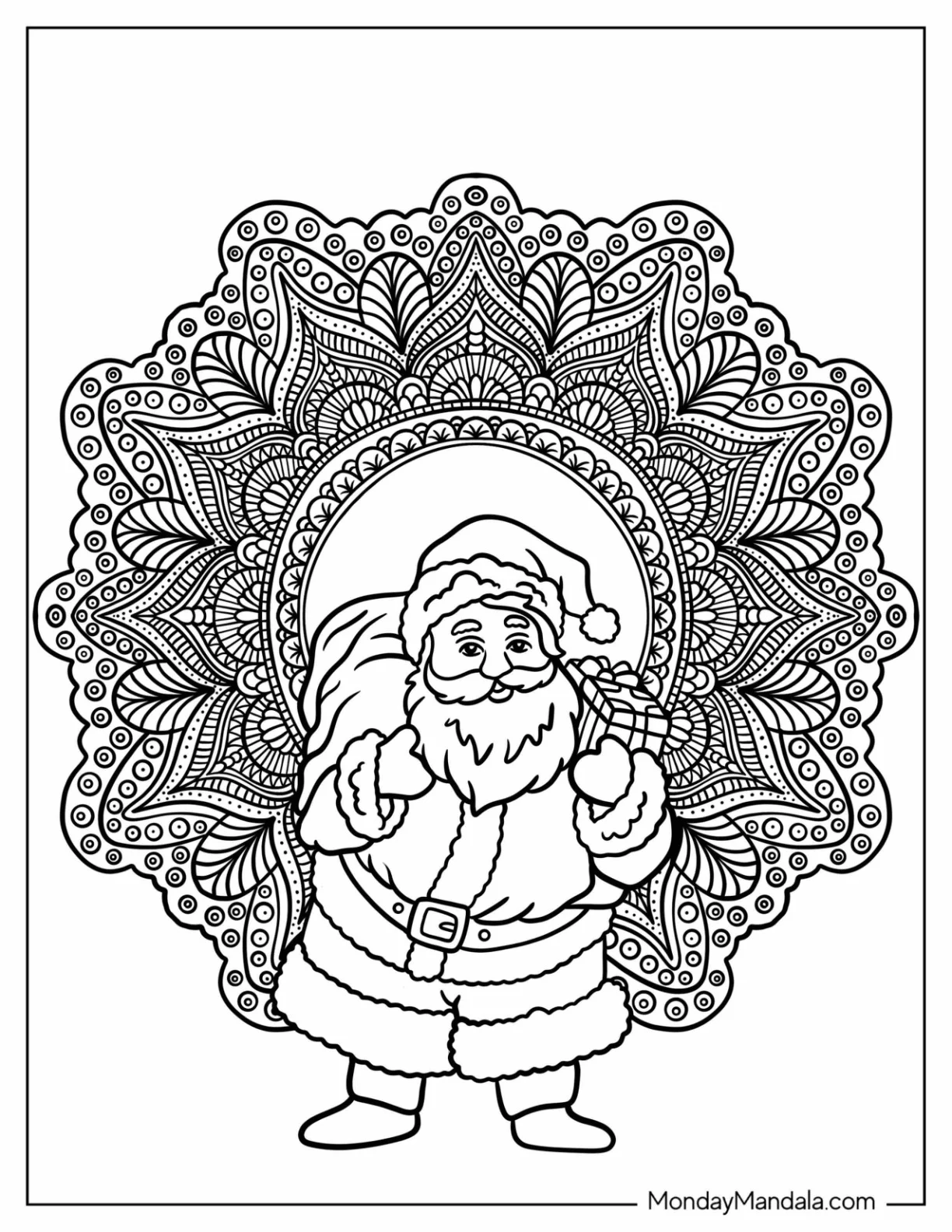 Santa Claus In Front Of A Beautiful Flower Christmas Mandala Coloring Page coloring page