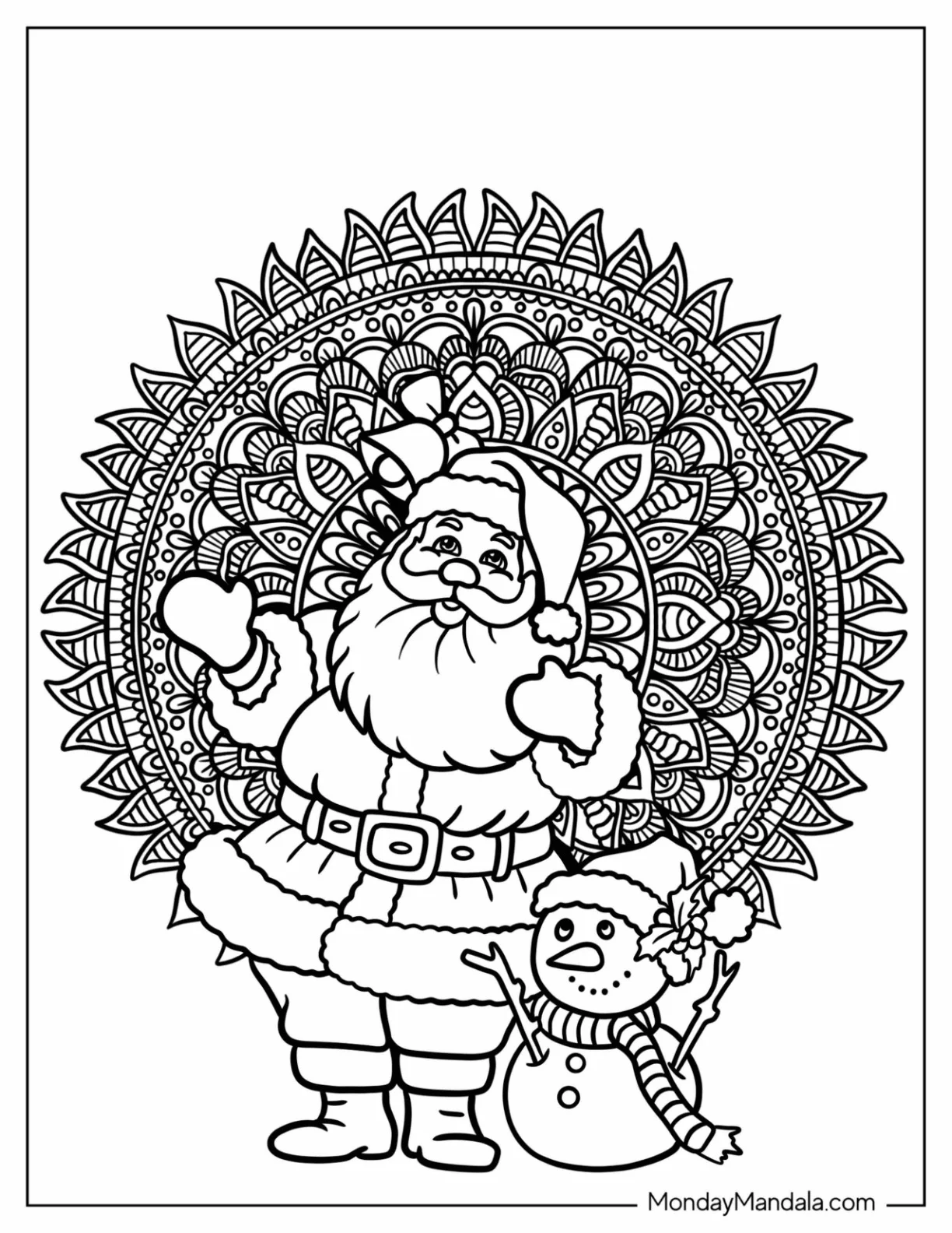 Santa Claus With Snowman And Christmas Mandala Coloring Page coloring page