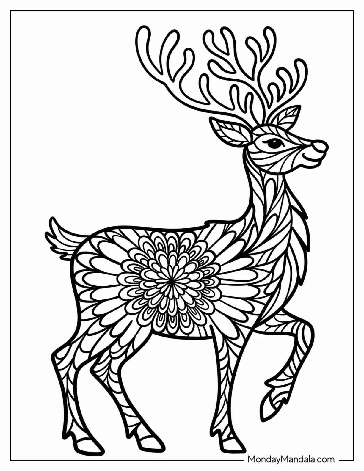 Smiling Deer Christmas Mandala Coloring Page coloring page