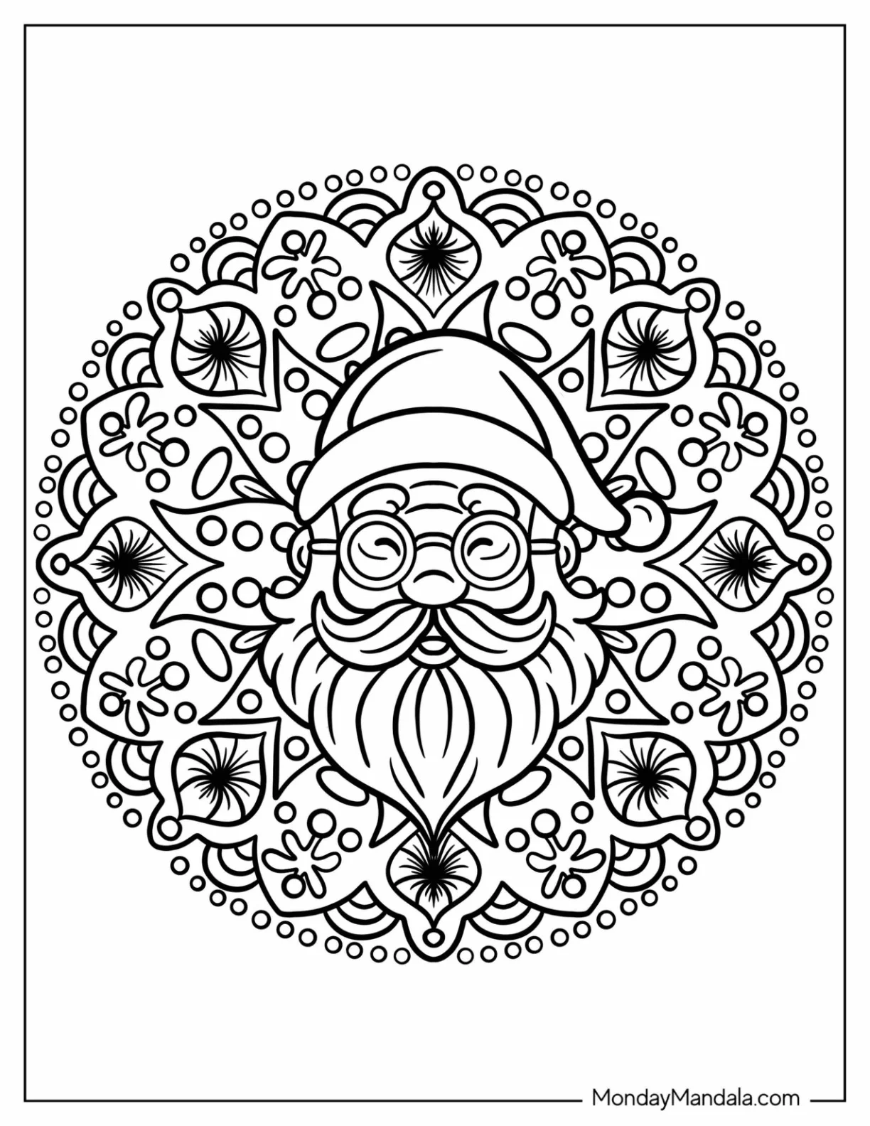 Smiling Santa Claus Christmas Mandala Coloring Page coloring page — printable line art