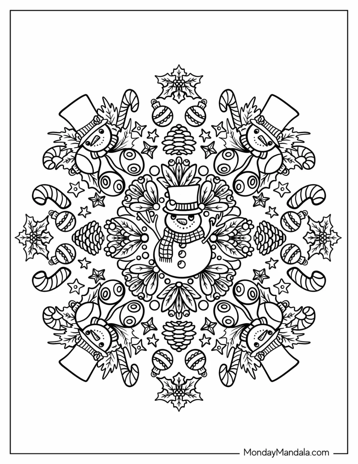 Snowman, Bauble, And Candy Cane Christmas Mandala coloring page