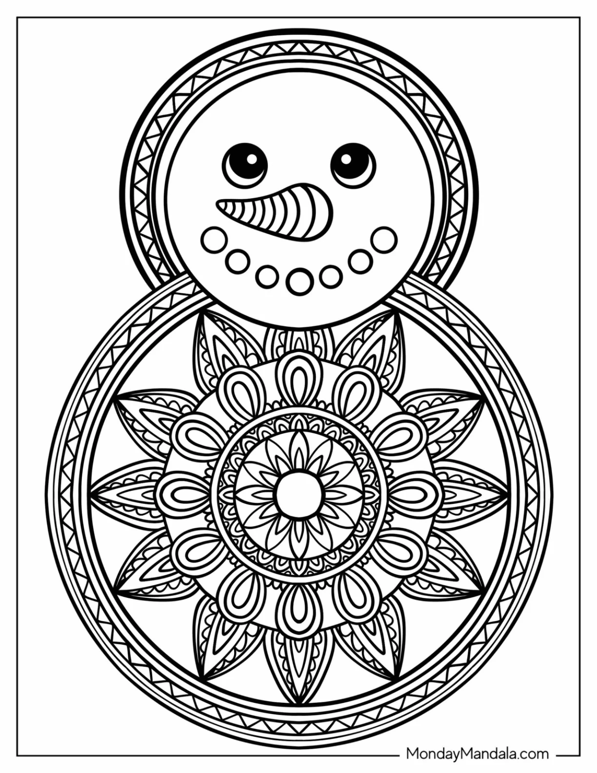 Snowman Christmas Mandala Coloring Page with Intricate Details coloring page
