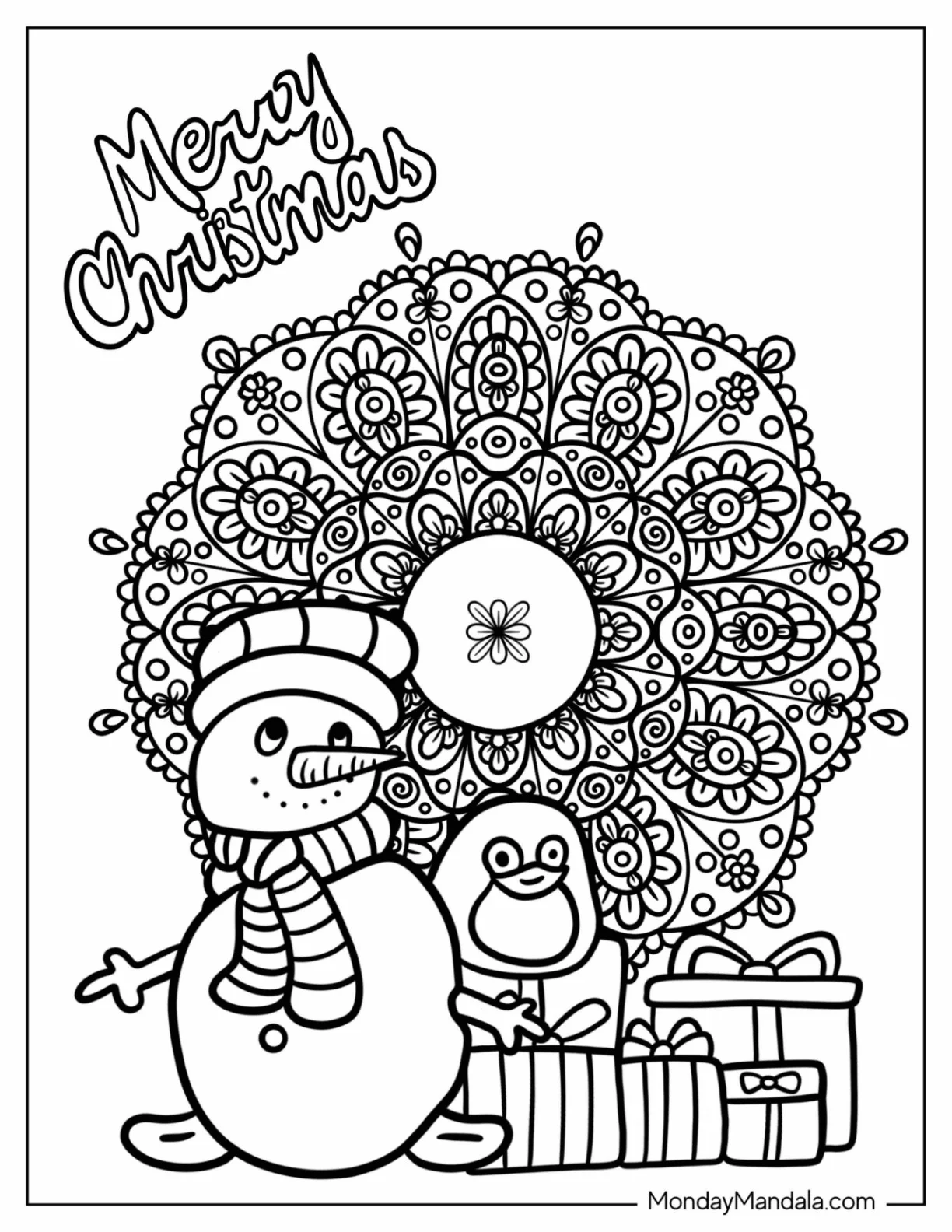 Snowman, Penguin, And Presents In Front Of Christmas Mandala Coloring Page coloring page
