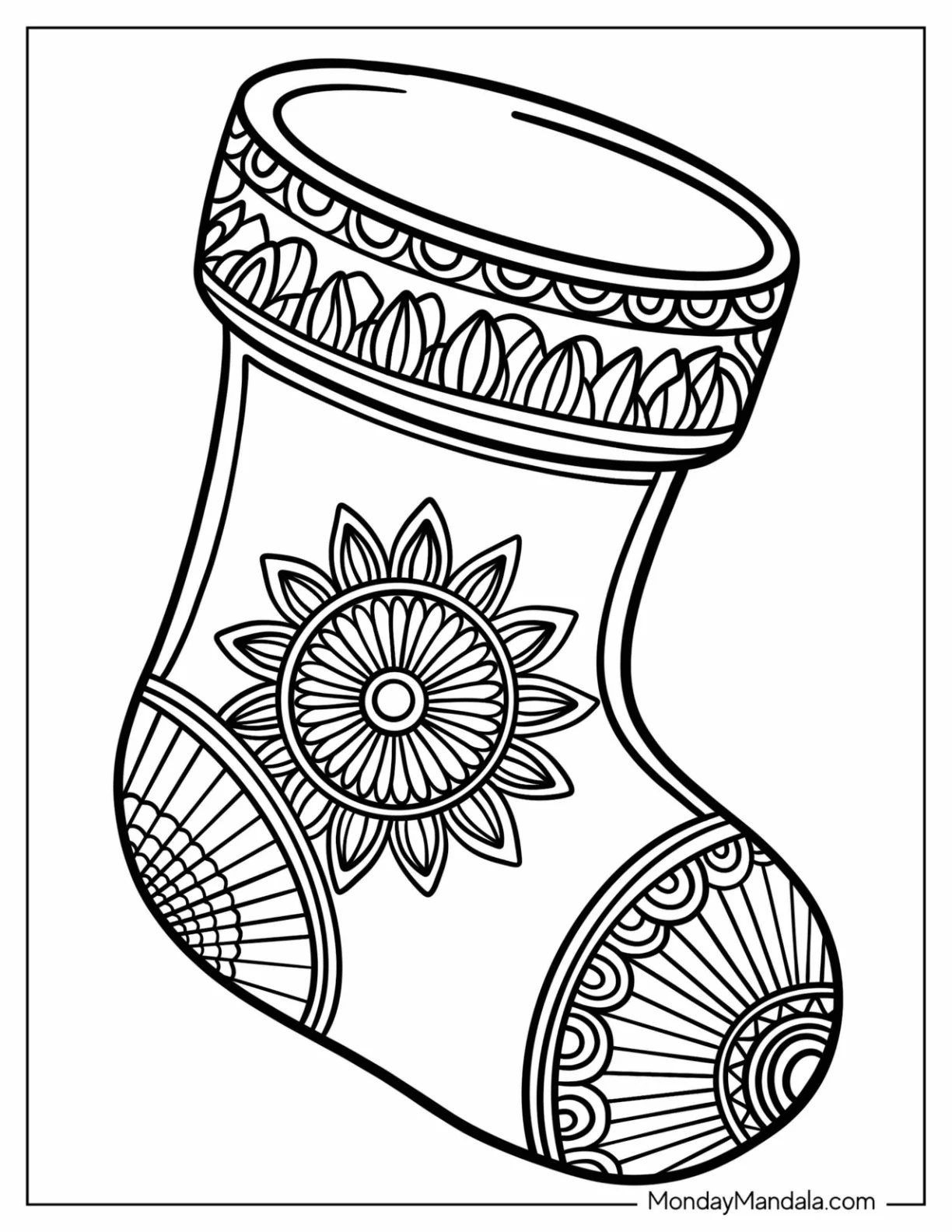 Stocking Christmas Mandala Coloring Page with Poinsettia Pattern coloring page