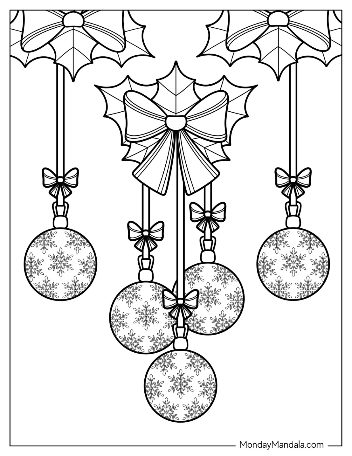 Bulbs Hanging From Mistletoes With Bows Christmas Ornaments Coloring Page coloring page