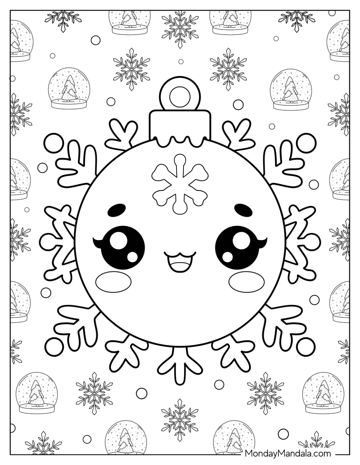 Cartoon Bauble With Snowflakes Christmas Ornaments Coloring Page For Preschoolers coloring page