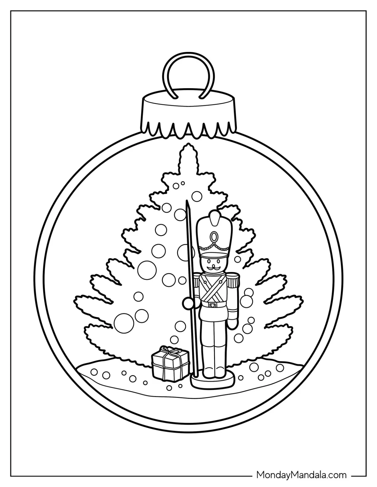 Christmas Ornaments Coloring Page Of Nutcracker And Christmas Tree Inside Bauble coloring page — printable line art