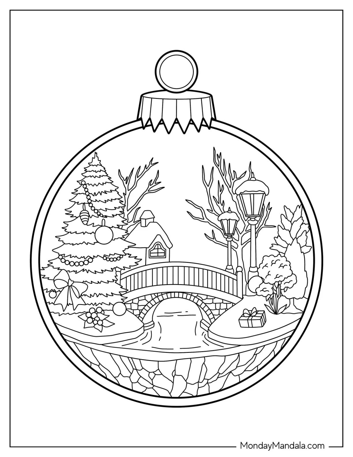 Detailed Winter Landscape Inside Bauble Christmas Ornaments Coloring Page coloring page