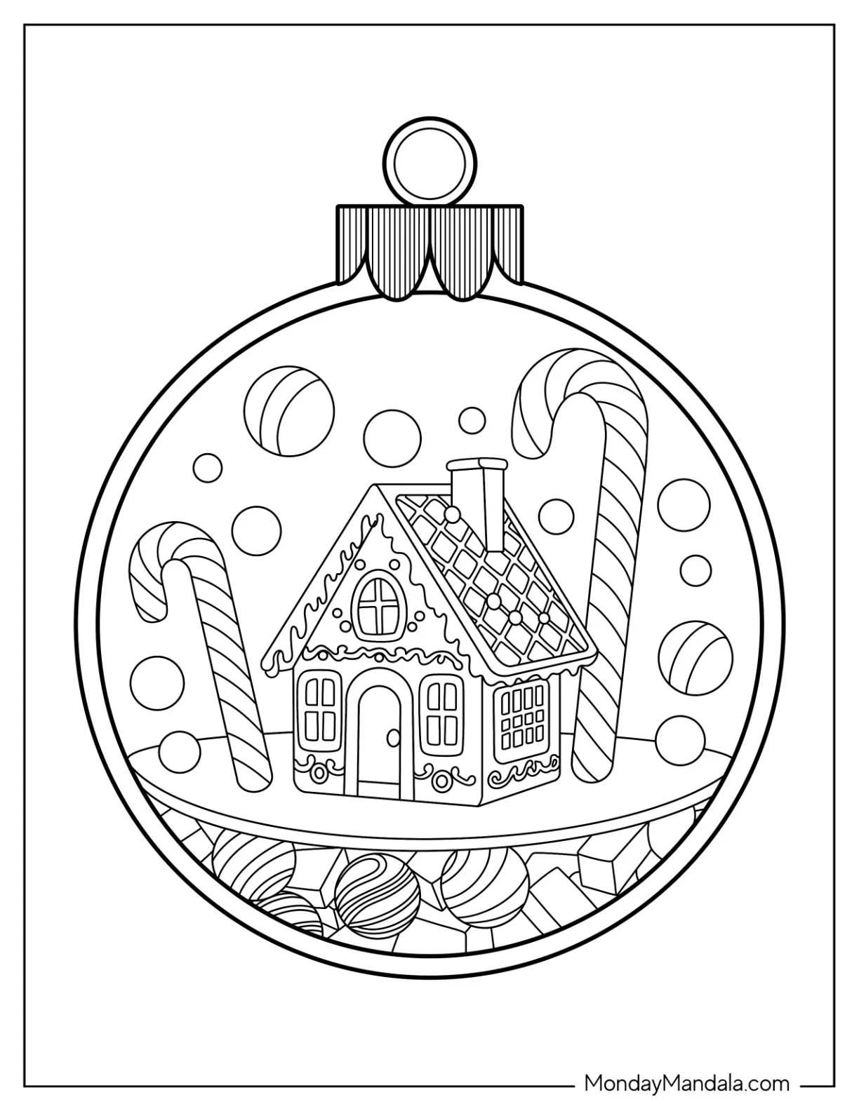 Gingerbread House And Candy Canes Inside Bauble Christmas Ornaments Coloring Page coloring page